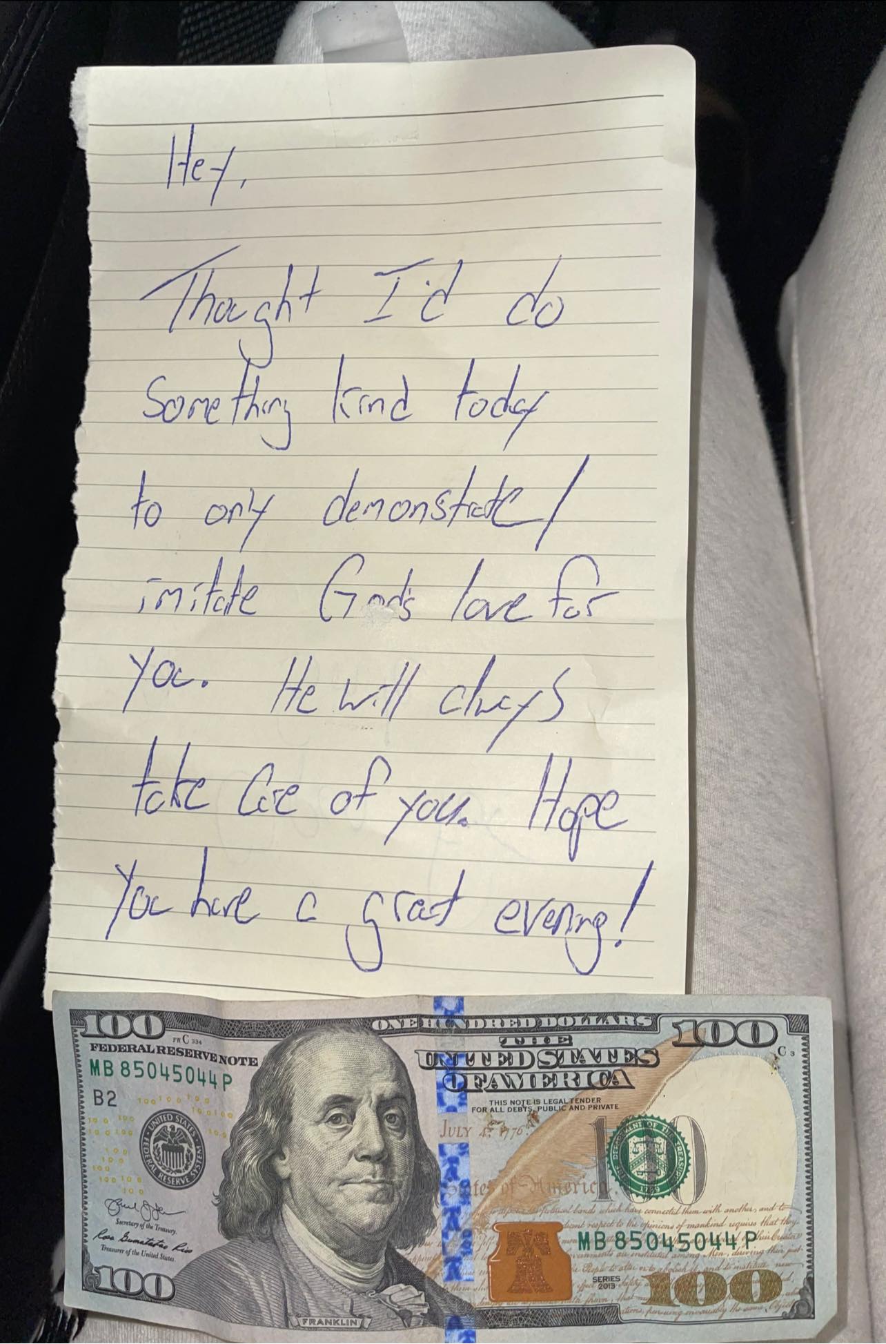 Sweet note and $100 found at gas pump in Lynchburg