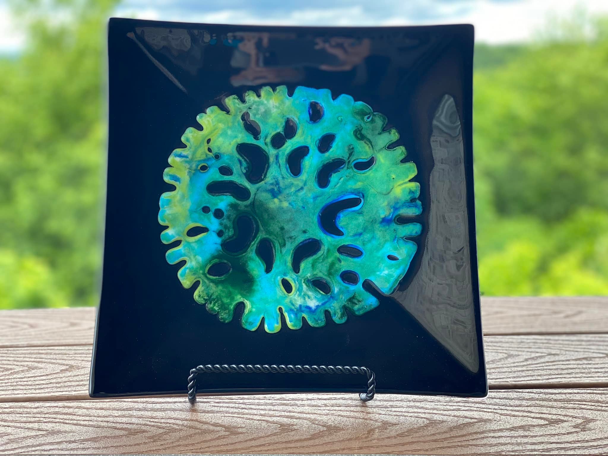 Handmade 15x12 fused glass platter with blue and yellow glass