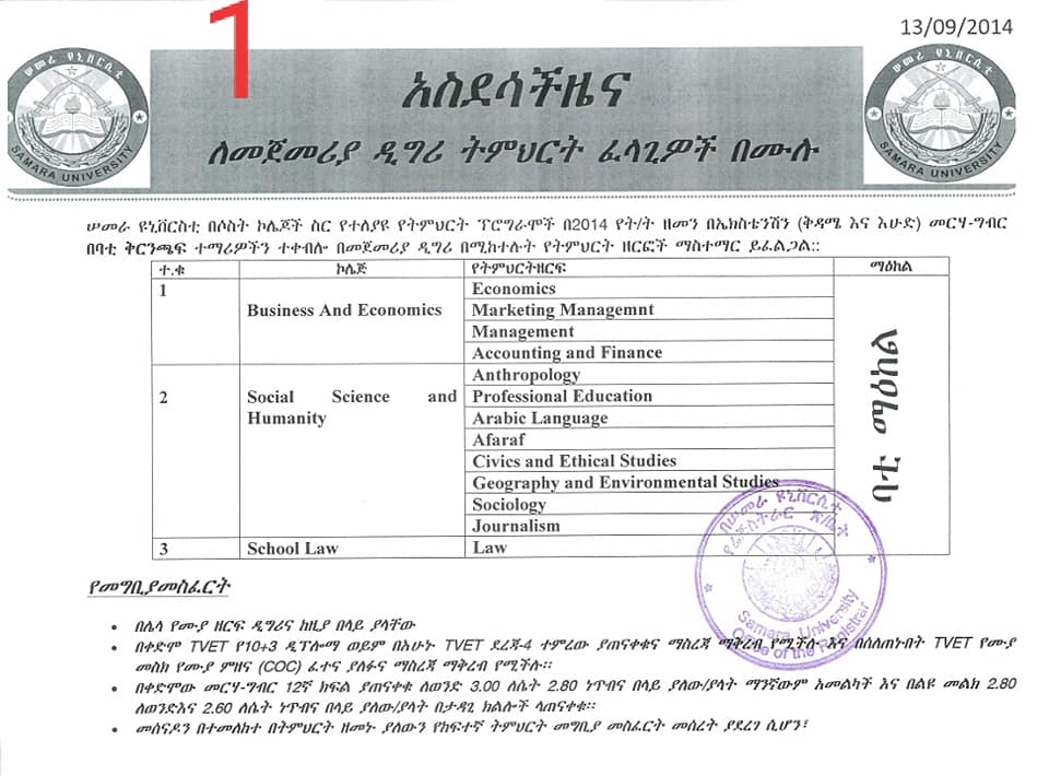 Samara University Office of The Registrar, Ethiopia