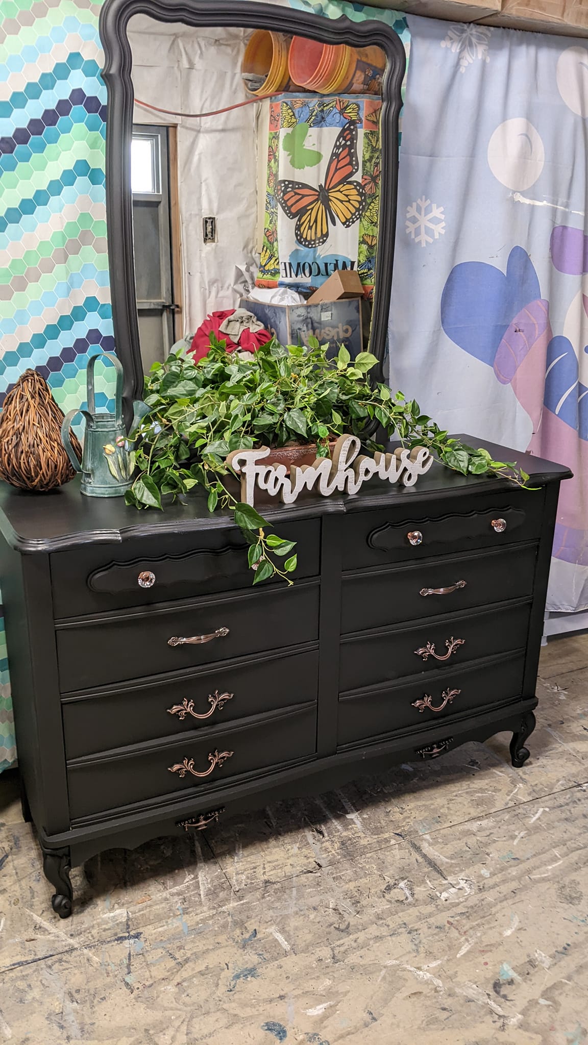 black victorian dresser Upcycling vintage with lace paint Mirror
