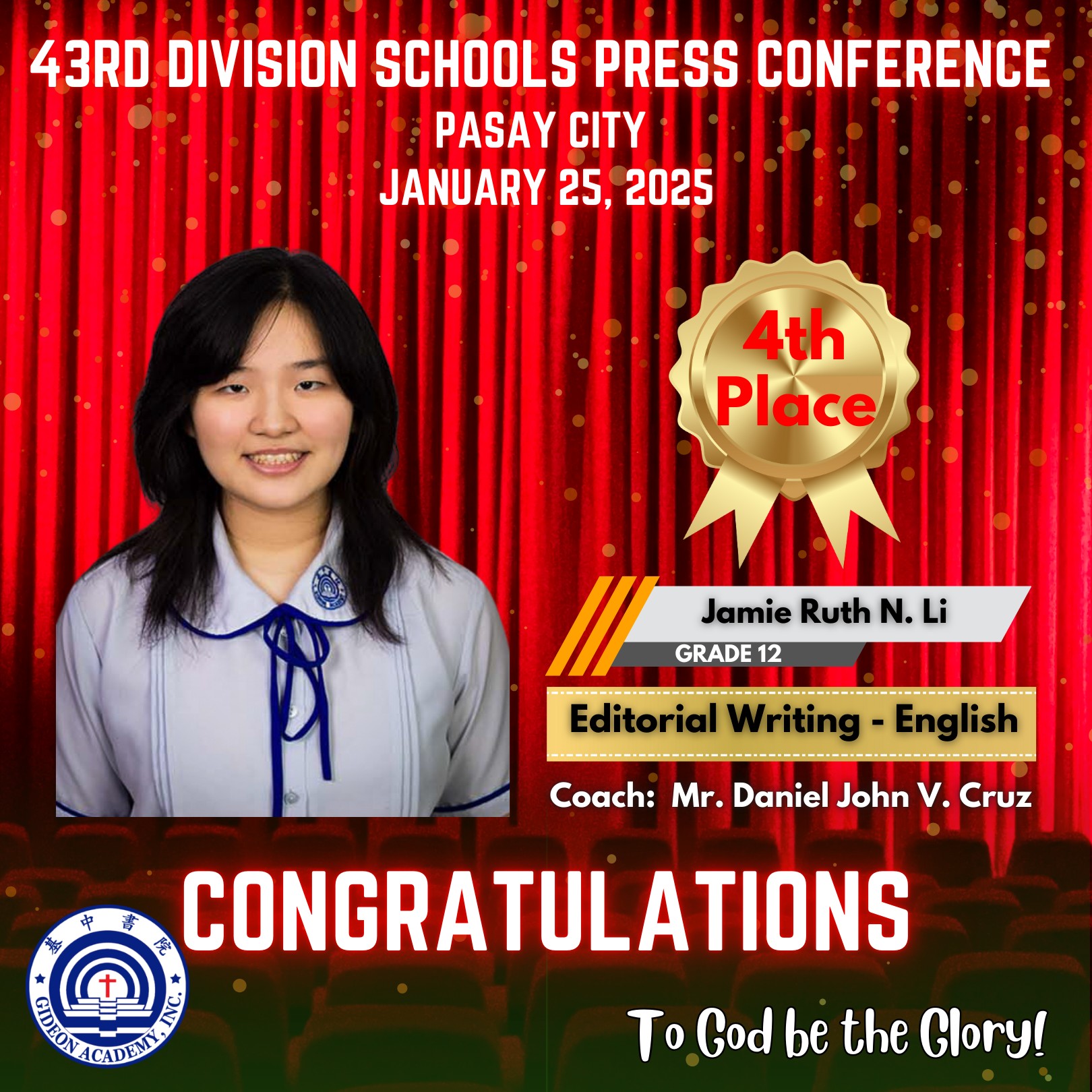 Gideon - Congratulations to JAMIE RUTH N. LI of Grade 12 for winning ...