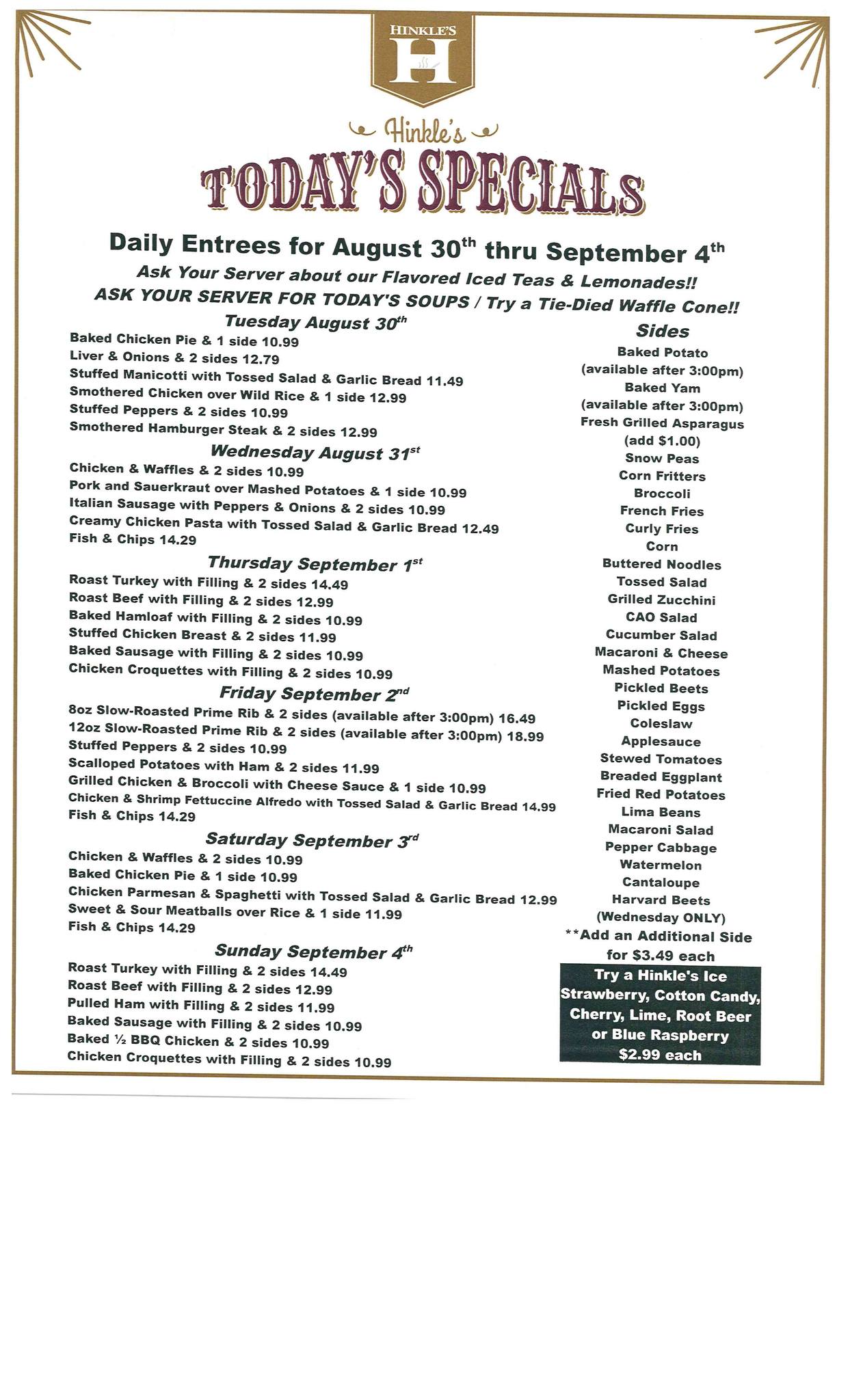 Menu for August 30th thru September... - Hinkle's Restaurant