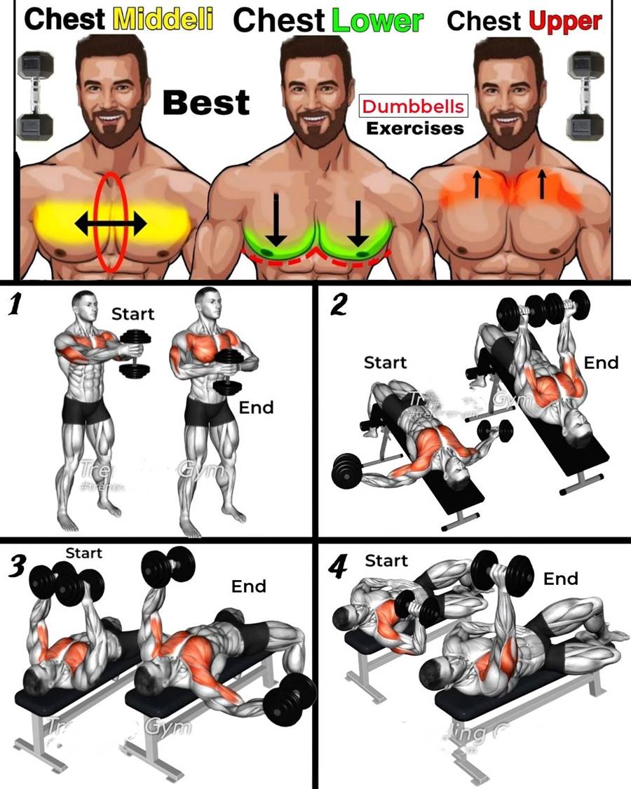 Online - Chest Workout Using Dumbbells ① Dumbbell Svend Press ② Decline ...