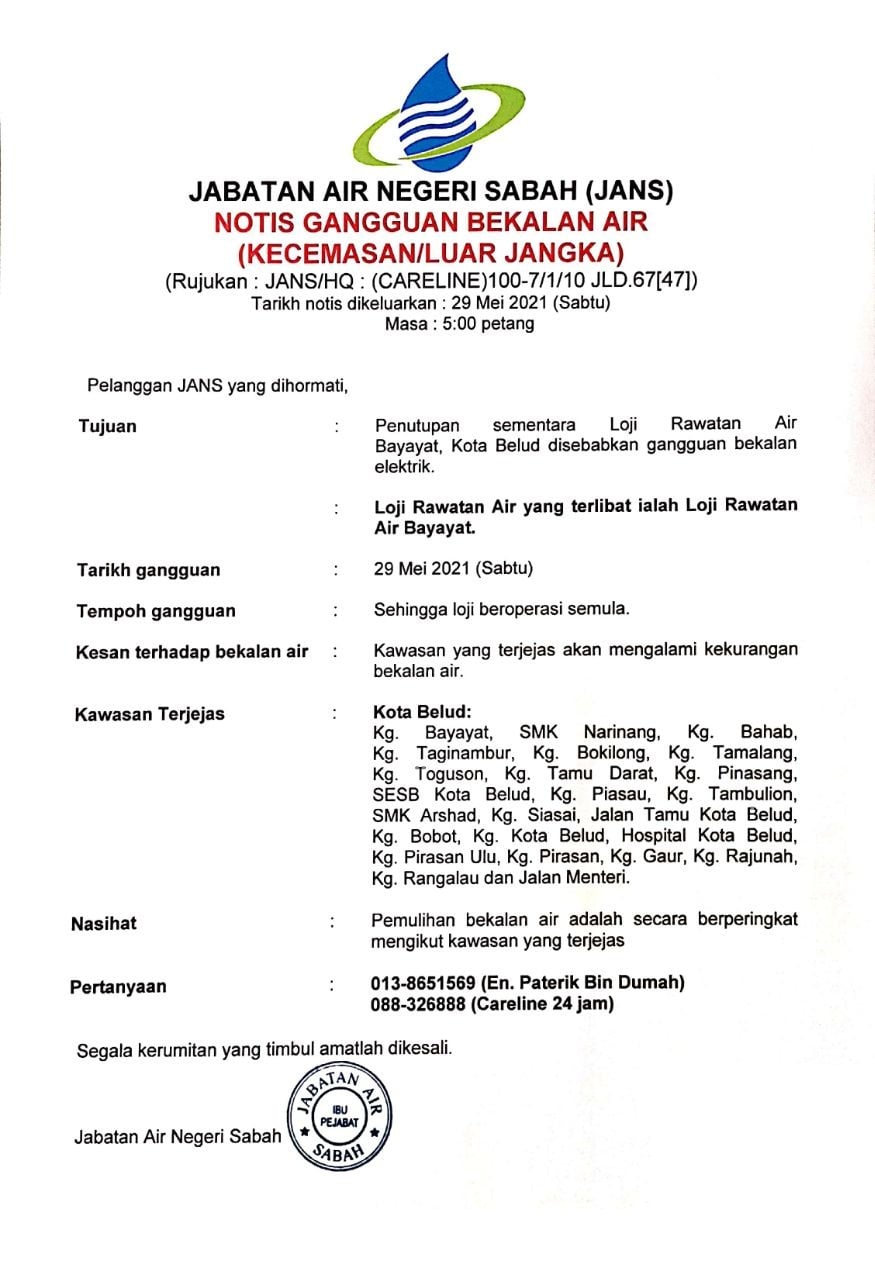 Notis Kecemasan Gangguan Jabatan Air Negeri Sabah Facebook