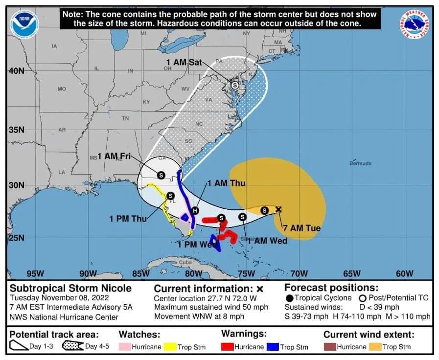 Subtropical storm Nicole heads towards Florida