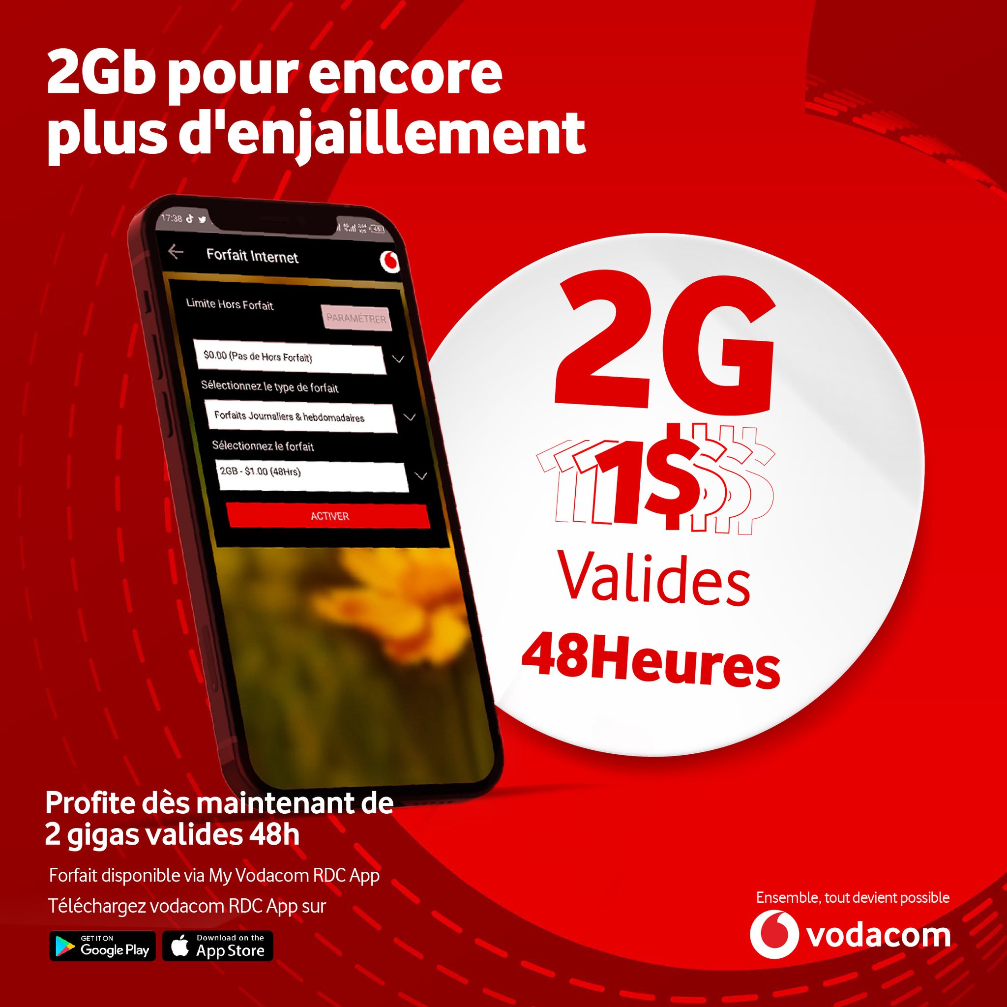Vodacom RDC - 2GB à 1$ valides 48h Ce forfait est...