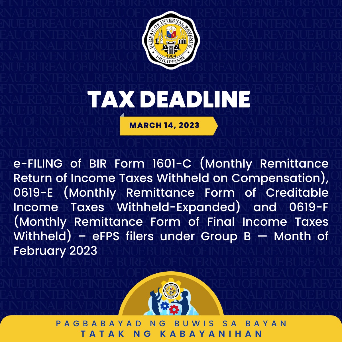 Bureau - BIR Tax Deadline 14 Tuesday e-FILING of e-FILING BIR Form 1601 ...