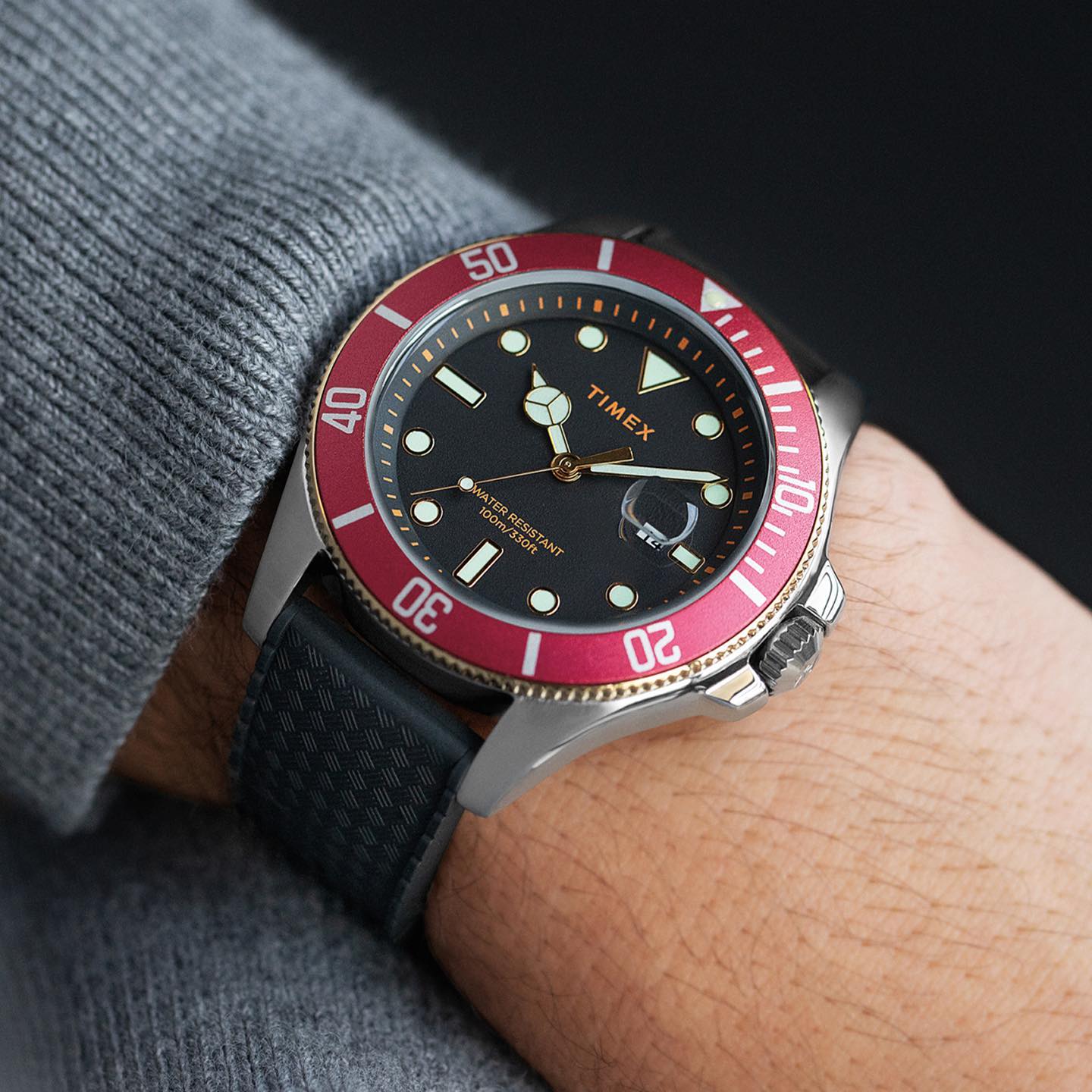With its soft silicone strap and water-resistance up to 100 meters