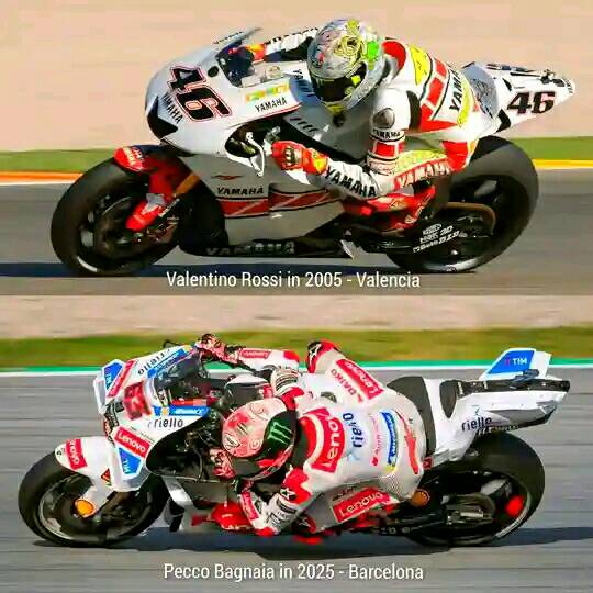 Comparison of the white livery of Rossi and Bagnaia motorbikes