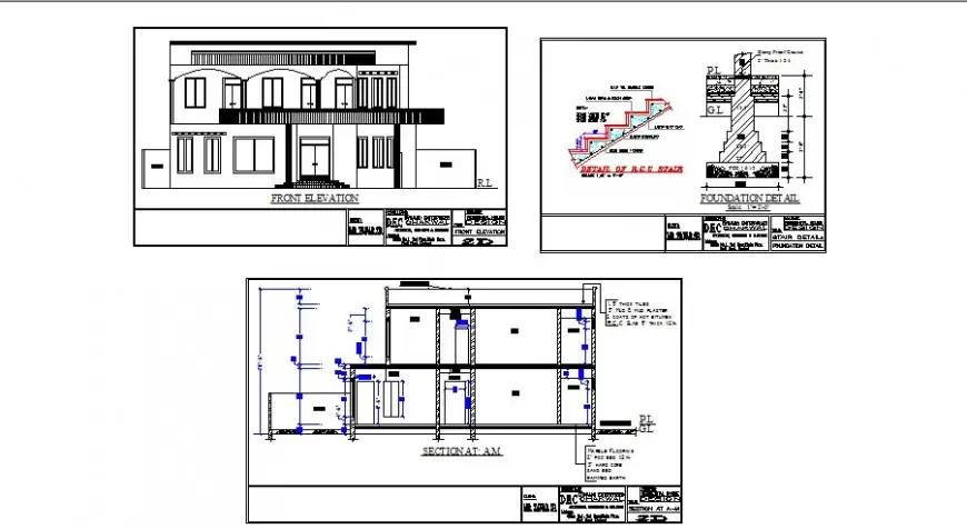 cadbull.com - House two story main elevation, section and staircase ...
