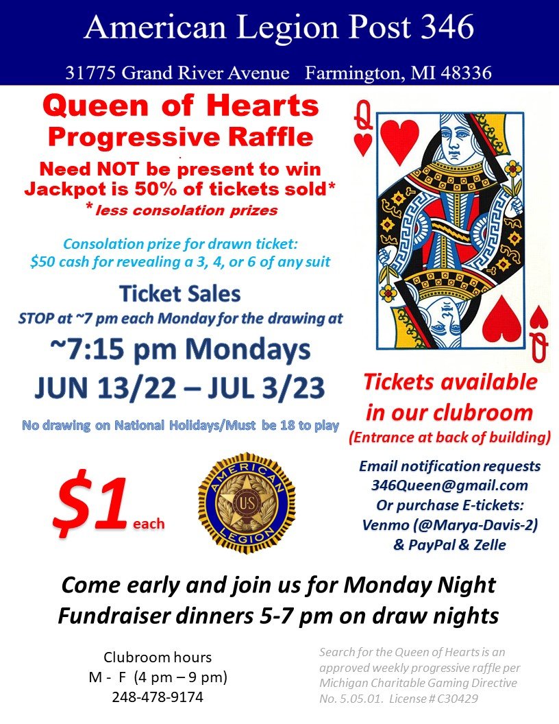 Queen of Hearts Progressive Raffle with American Legion 346 Farmington MI