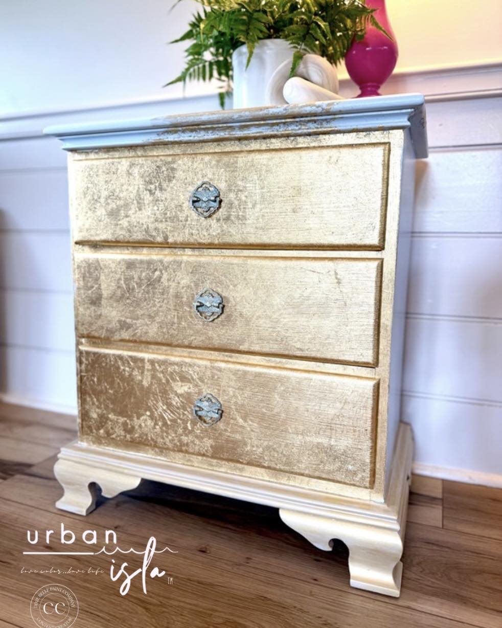 gold glitter dresser Upcycled nightstand with blue and paint makeover event:Mother Of Bride