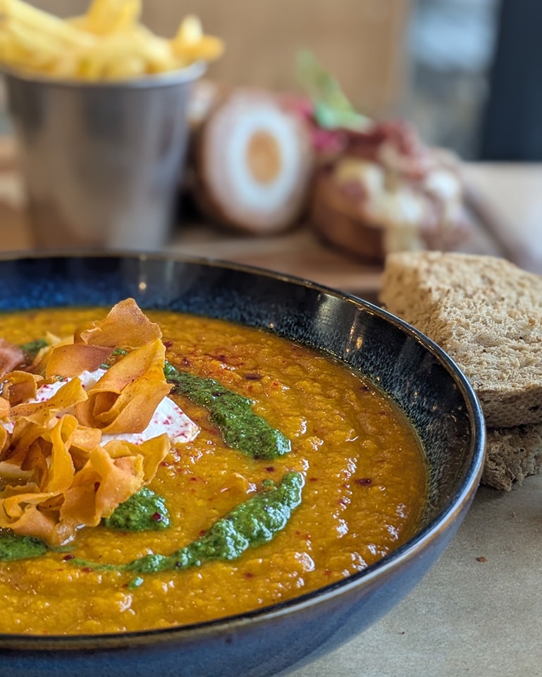 Canteen - Carrot, ginger and cardamon soup topped with salsa verde ...