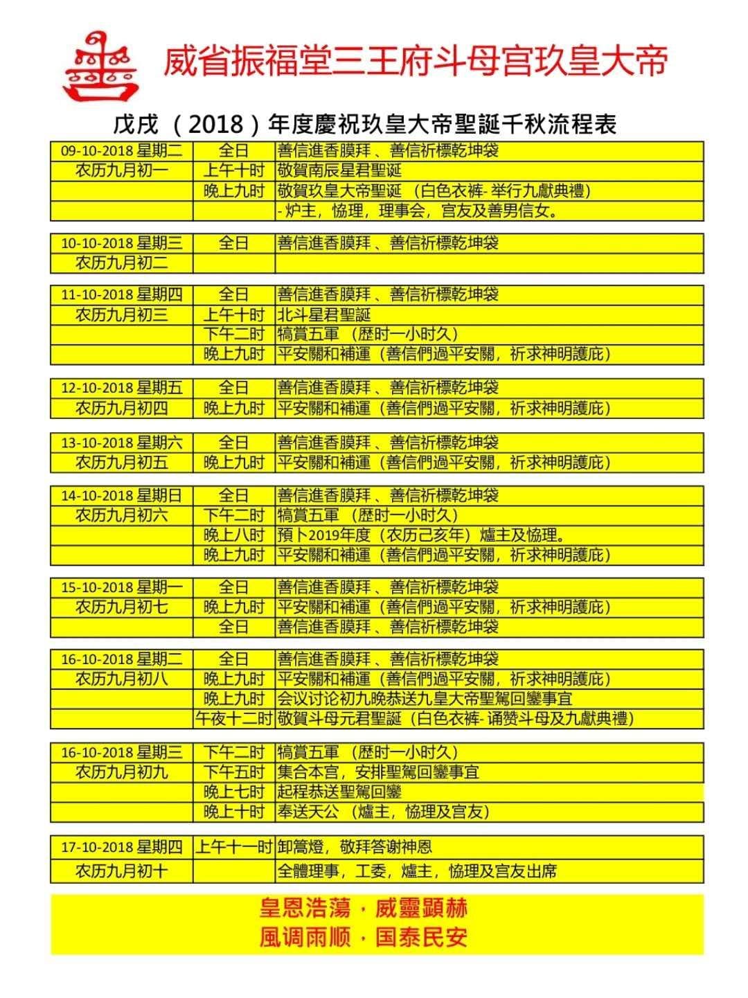 威省振福堂斗母宫玖皇大帝 戊戌 2018 年度庆祝玖皇大帝圣诞千秋流程表 Facebook