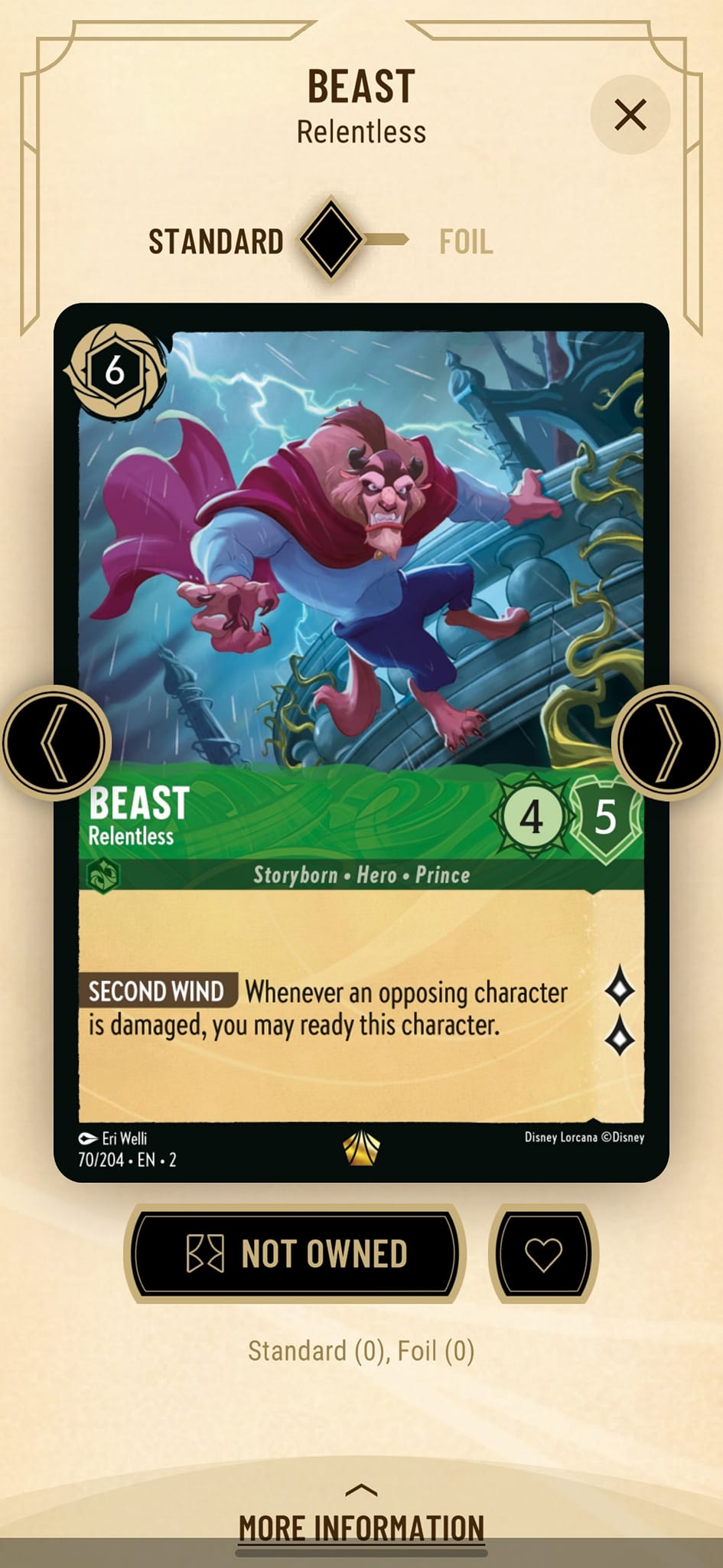beast lorcana card 2023 Disney TCG Rise of the Floodborn #210/204 Wolfsbane Rush (This character can challenge the turn theyre played.)[ Roar] When you play this character 24 Beauty and the Beast