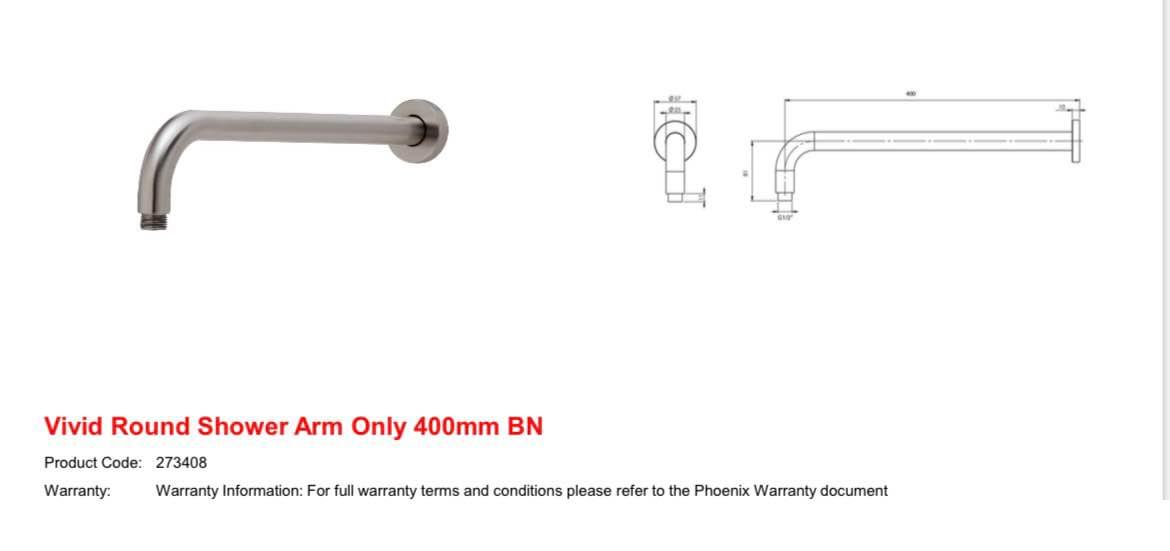 Brand New - Reece/Phoenix Vivid Shower Arm, 400mm, Brushed Nickel ...