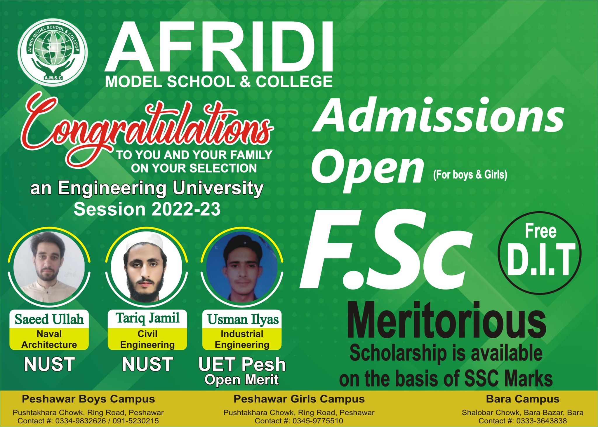 Afridi - Admission Open for Boys & Girls Play Group to FSc Free DIT ...