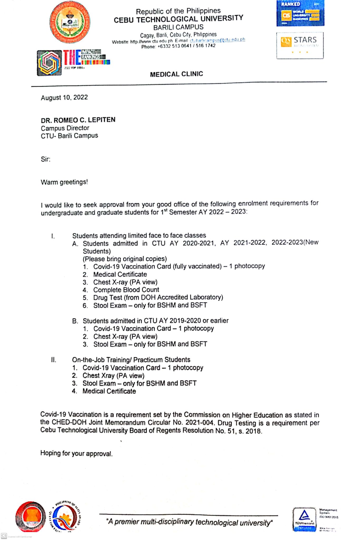 Here's the approved letter... - CAFBC - CTU Barili Campus