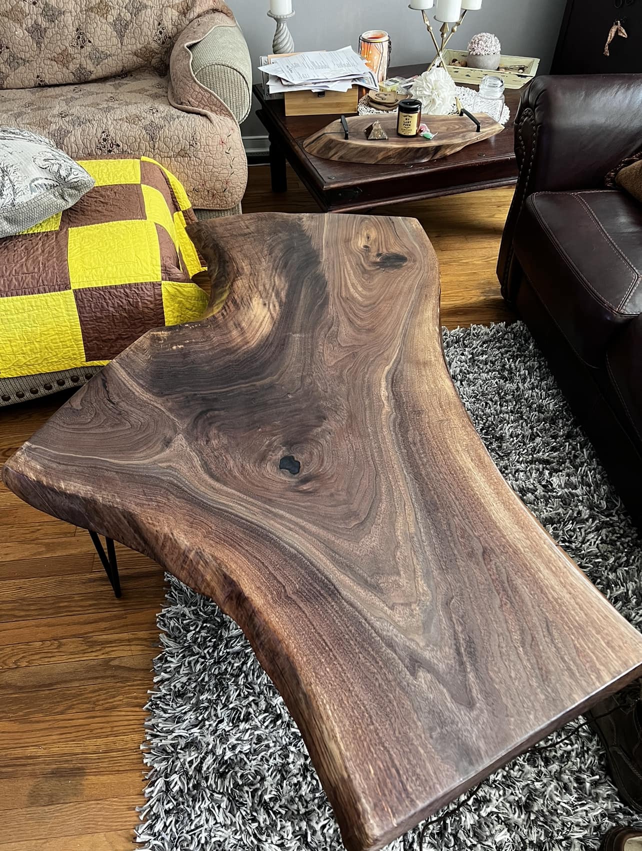 Black walnut crotch coffee table my nephew made for me,