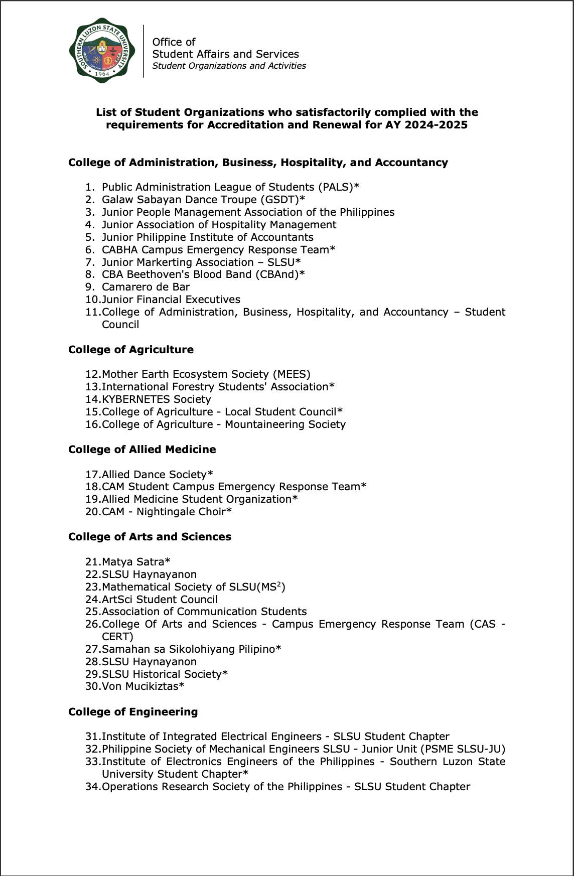 SLSU - OSAS Student Organizations and Activities | Lucban