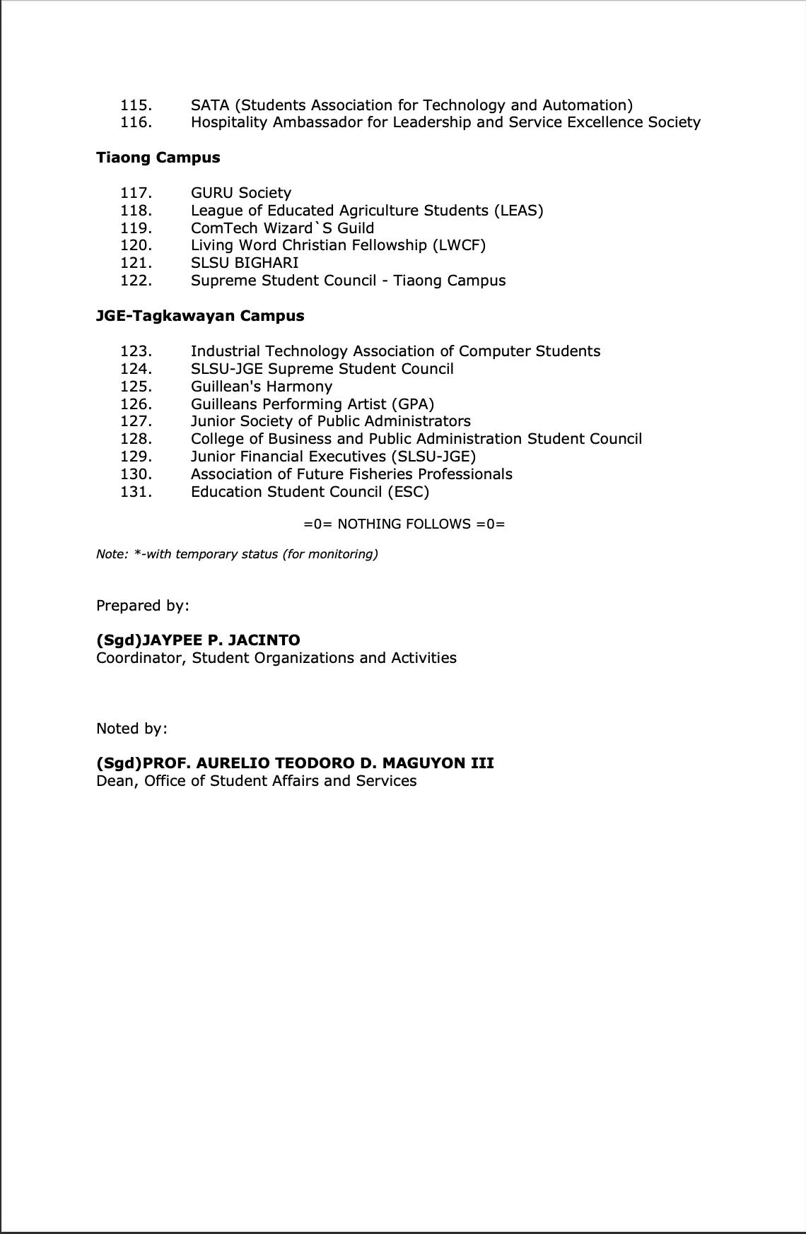 SLSU - OSAS Student Organizations and Activities | Lucban