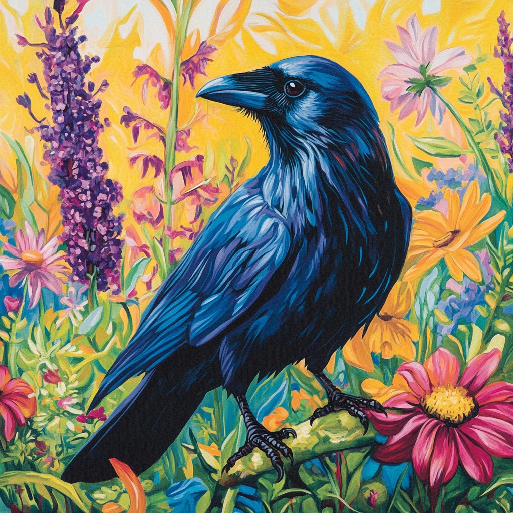 Raven - In a garden ablaze with color, the raven rests—still, wise, and ...