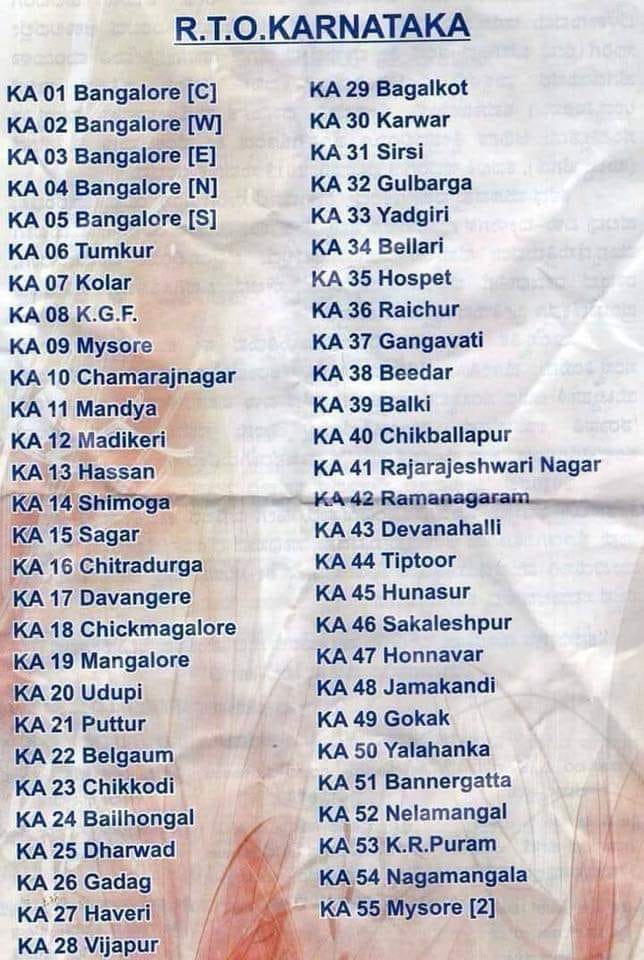 RTO registration numbers,... - ಜೈ ಕರ್ನಾಟಕ - ಜೈ ಕನ್ನಡ | Facebook