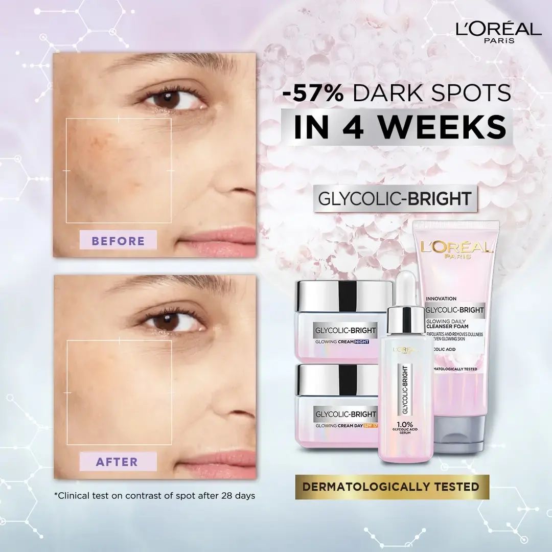 L'Oreal Paris Glycolic Bright Instant Glowing Face Serum with optimum concentration of 1% Glycolic Acid, helps reduce dark 5 years of dark spots in 2 weeks. Clinically proven to instantly brighten skin