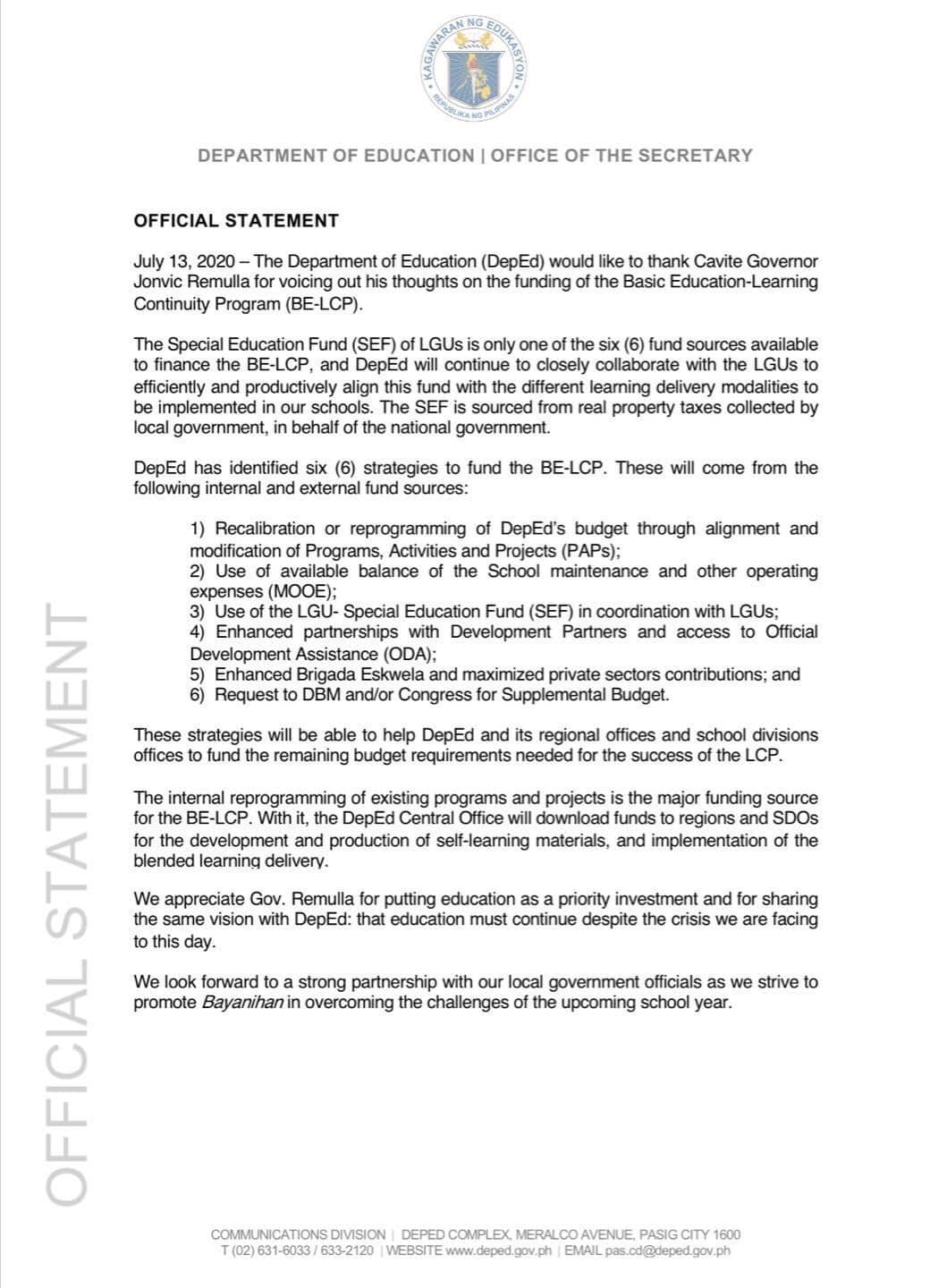 OFFICIAL STATEMENT July... - DepEd Tayo General Trias City
