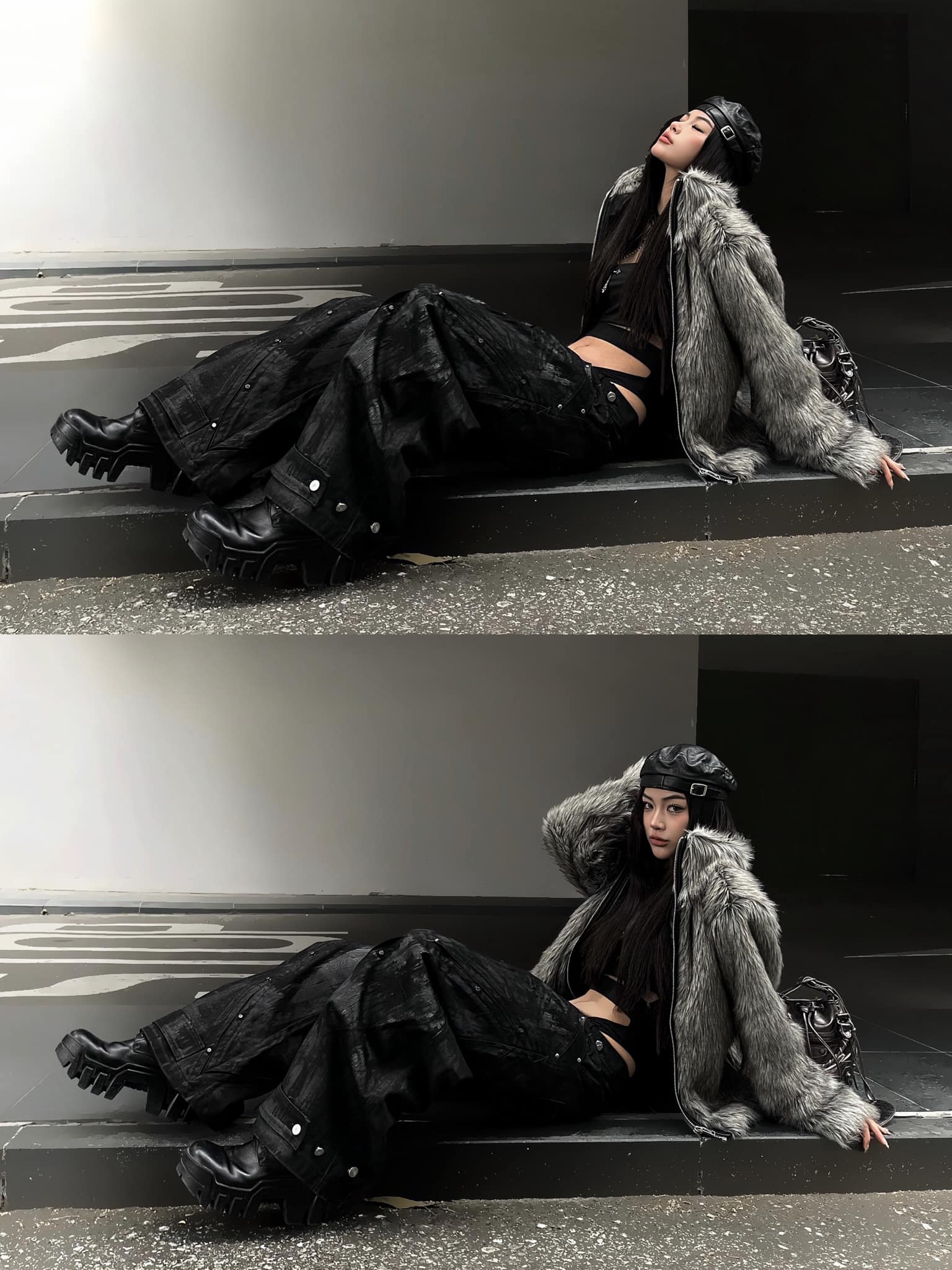 SMOKE GREY FAUX FUR JACKET - AK086 WAXED S-WIDE PANTS - QD115B 