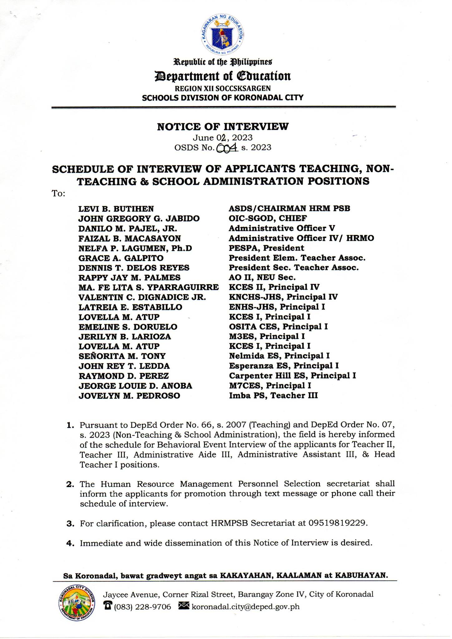 NOTICE OF INTERVIEW OSDS NO.... - DepEd Tayo Koronadal City