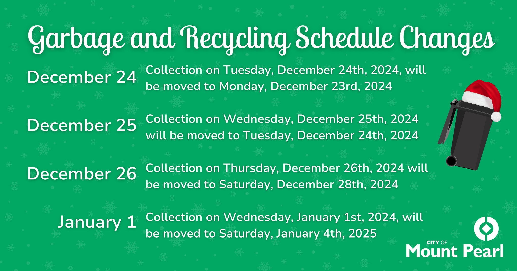 City - 🗑️ GARBAGE COLLECTION SCHEDULE UPDATE🎄 In observance of the ...