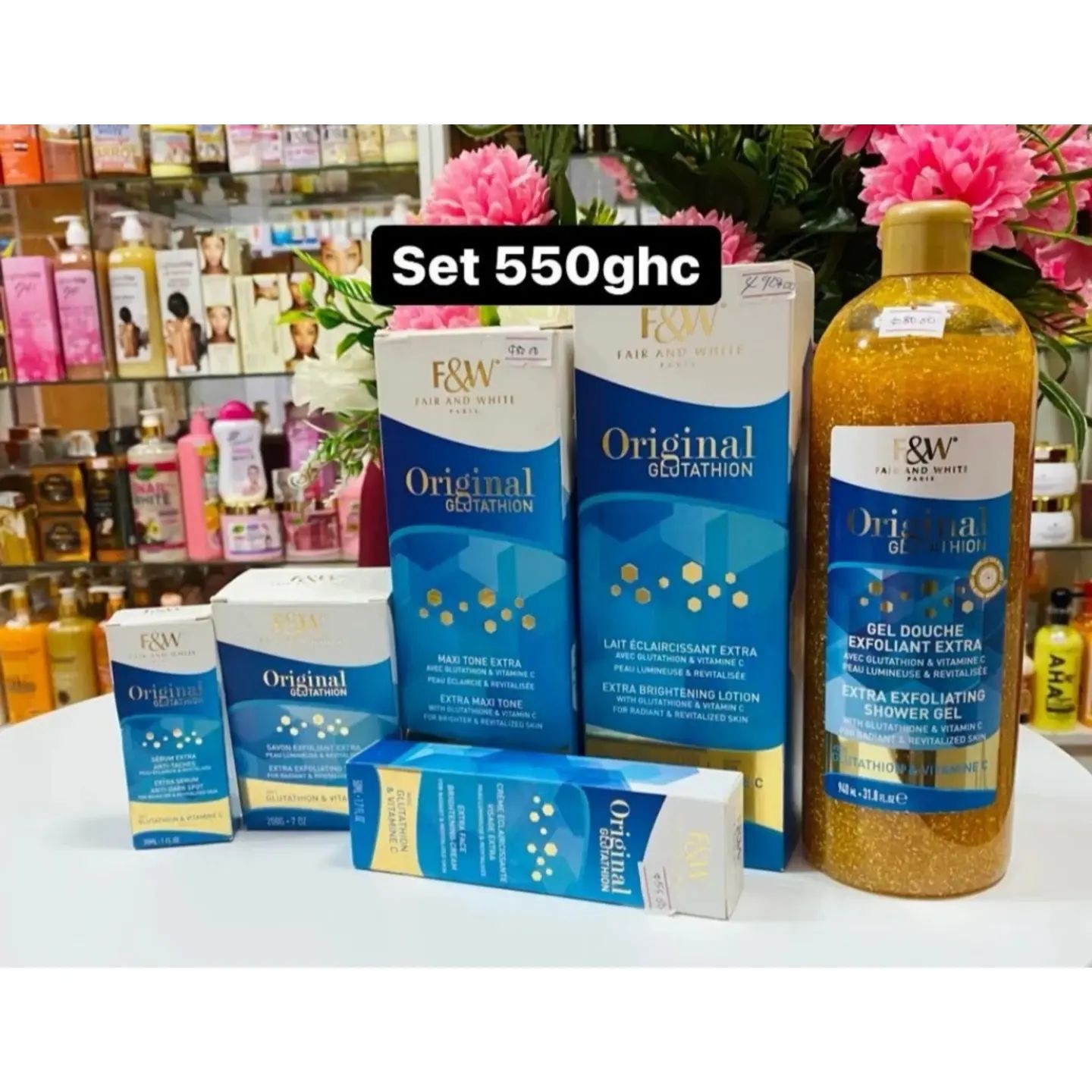 fair and white glutathione set Original in stock. Prices: Original Glutathione brightening exfoliation shower scrub gel 100ghc Original Glutathione lotion 120ghc Original Glutathione maxitone lotion 110ghc Original Glutathione brightening soap 60ghc Brand:NINELESS