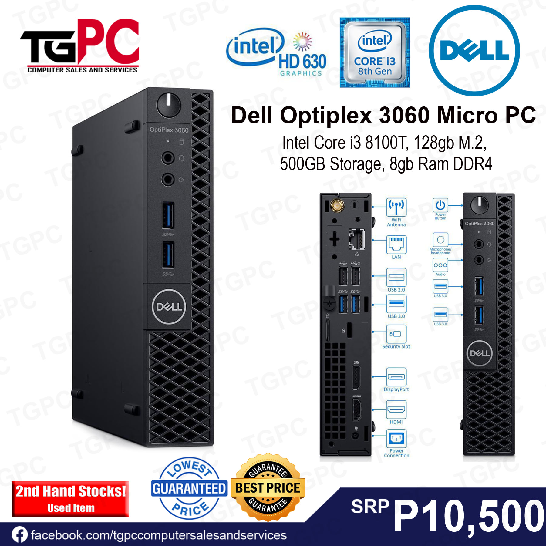 Dell Optiplex 3060 Micro PC Intel Core i3 8100T, 128gb M.2, 500GB 