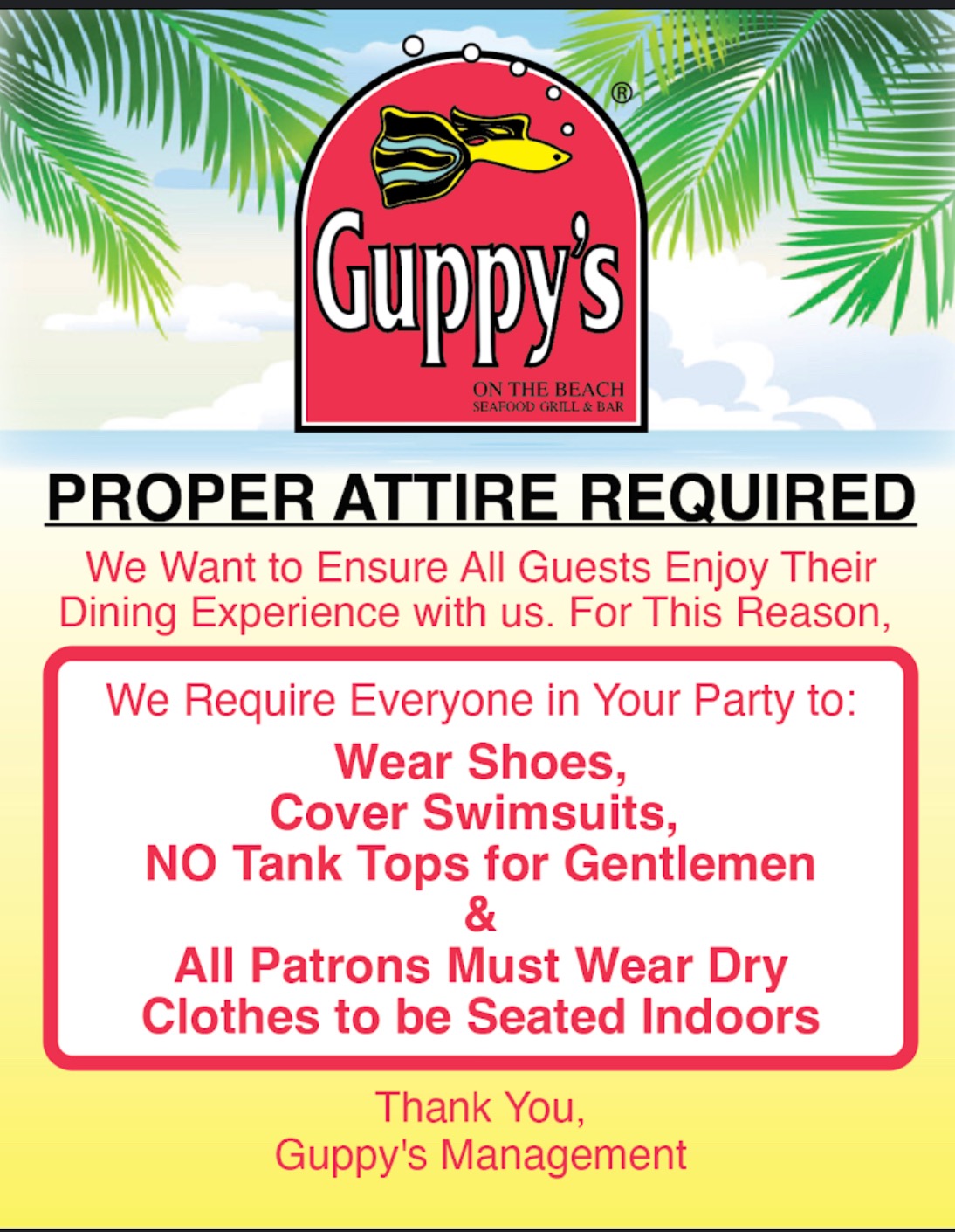 Guppy's on the Beach dress code starts September 1st 2022