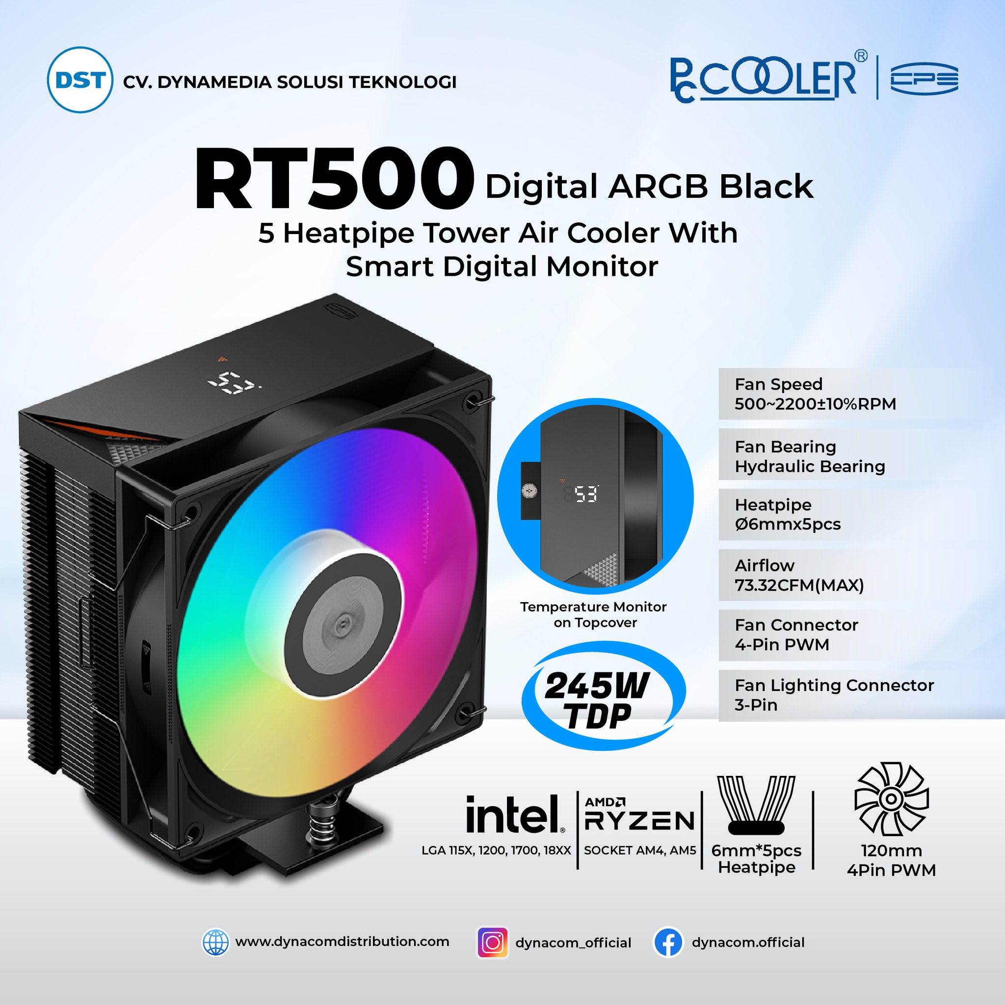 Dynacom - PC Cooler RT500 Digital ARGB Black - 5 Heatpipe...