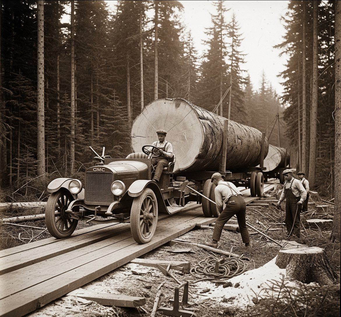 The Loggers - GMC power and human strength — logging life in 1919. # ...