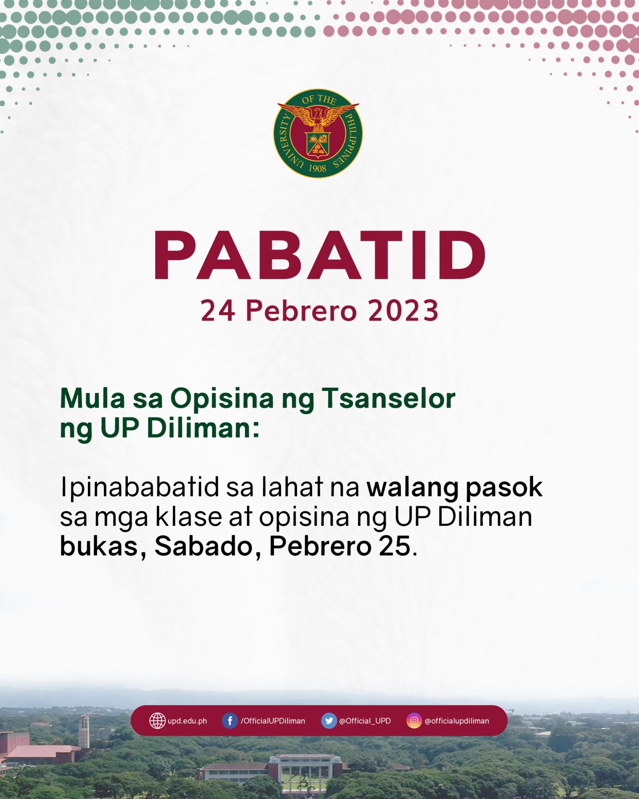UP Diliman - Mula sa Opisina ng Tsanselor ng UP Diliman:... | Facebook