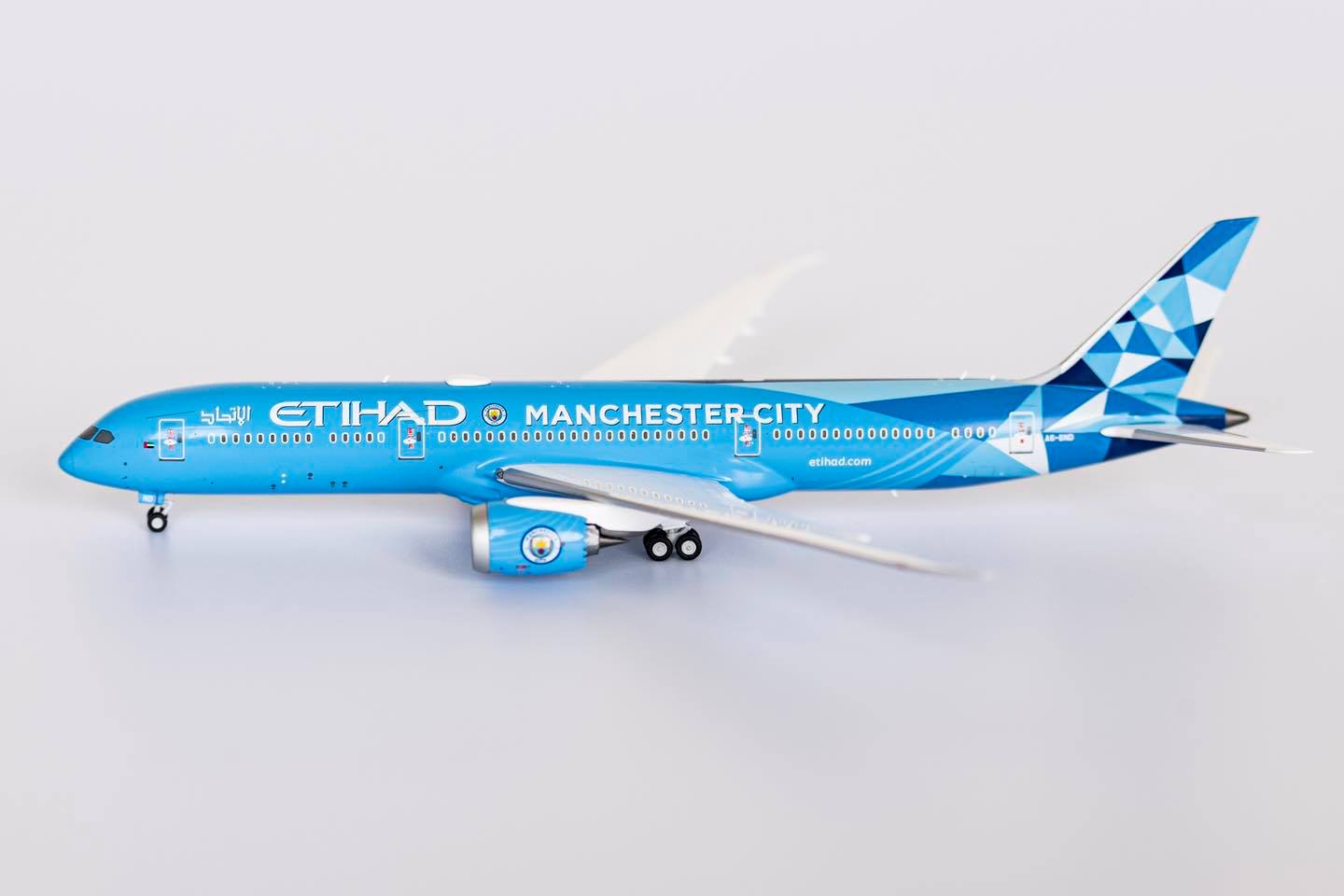 The Etihad Airways Boeing 787-9 in the colourful Manchester City