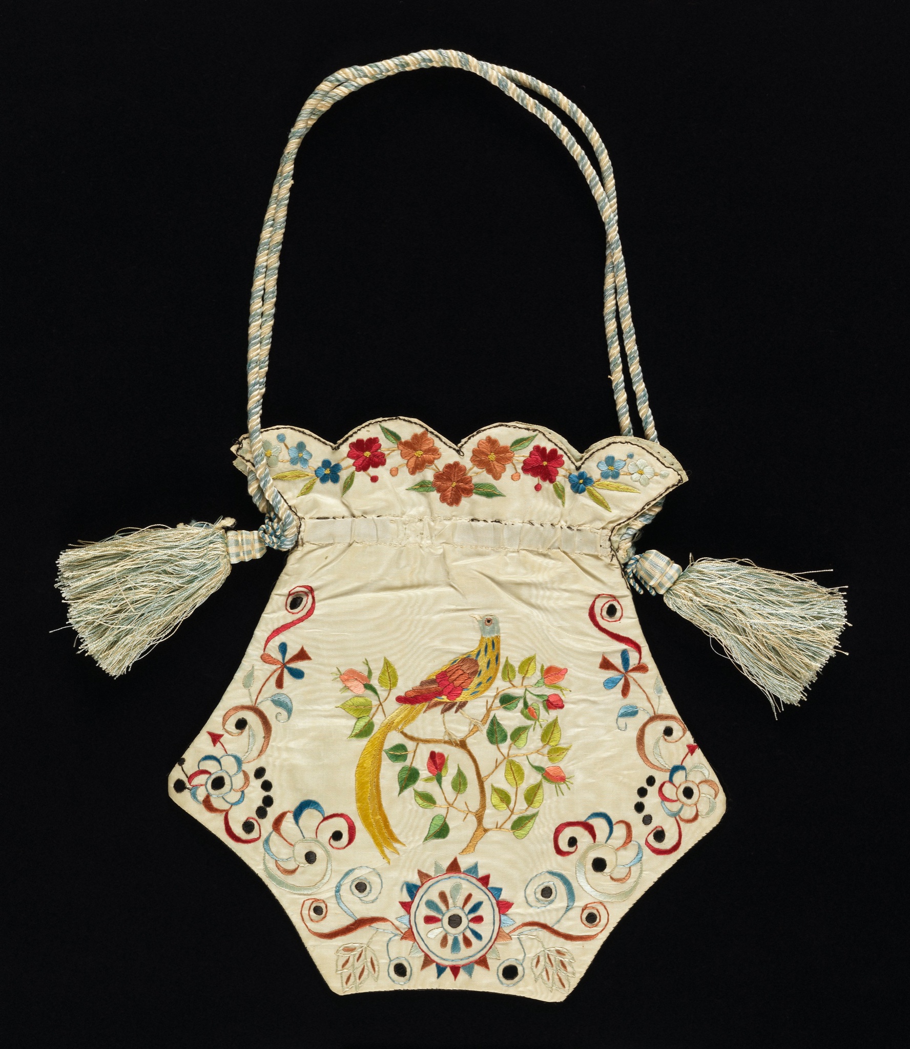 Embroidered Silk Bag with French Ribbon work, 1900