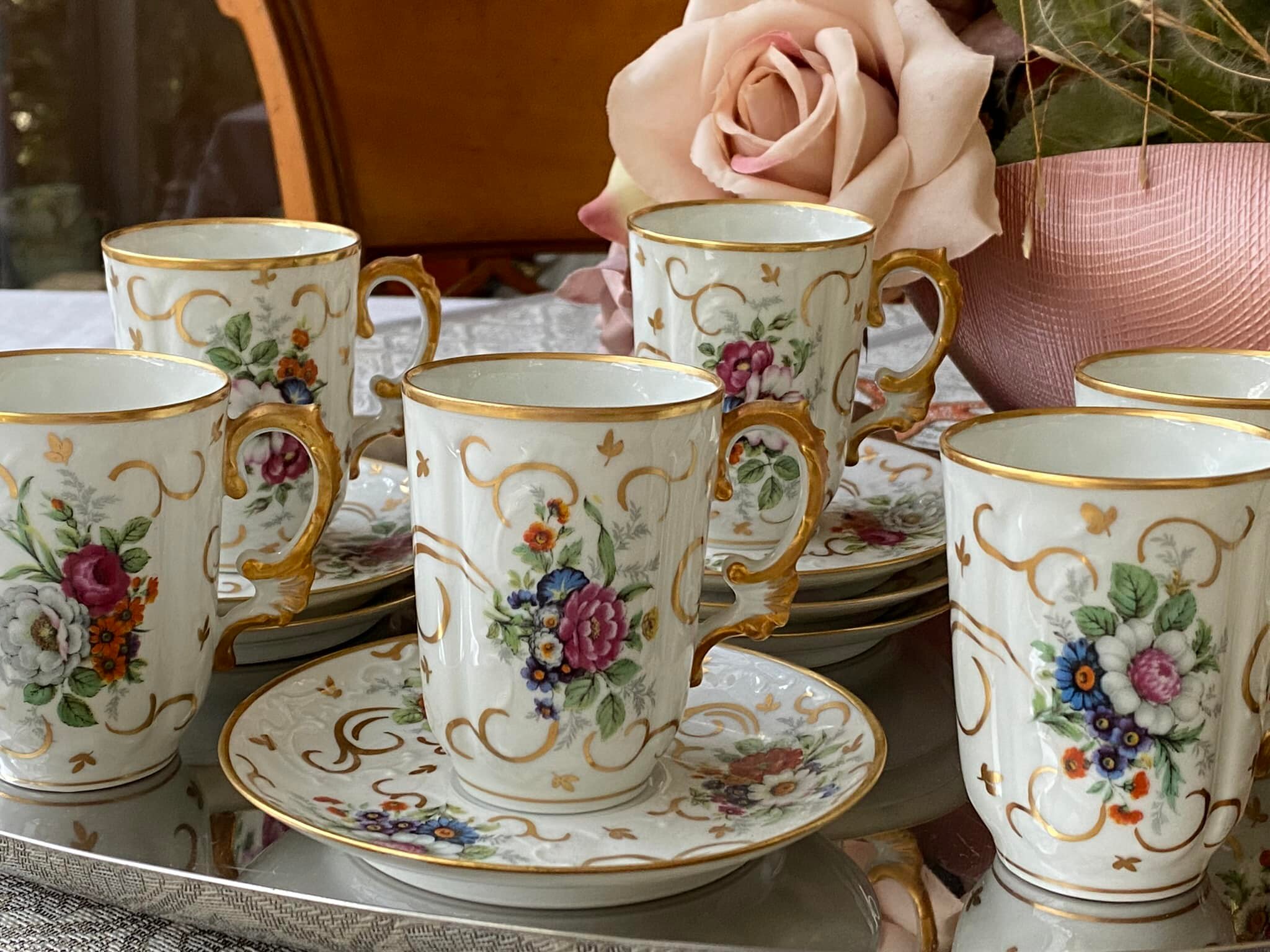 Empire Style Porcelain Cups and Saucers with Gilt Bee Decoration