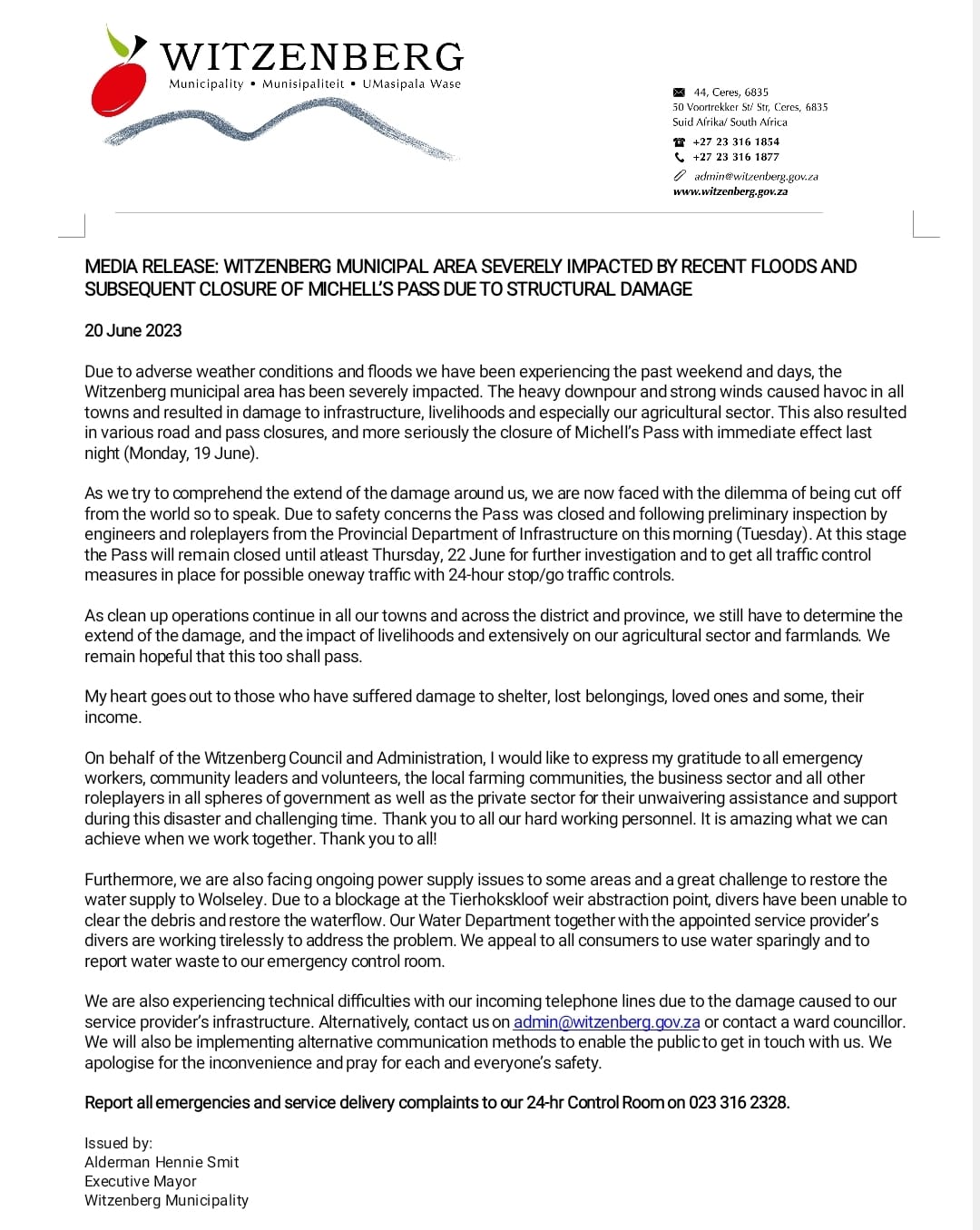 Witzenberg - Media Release by Witzenberg Executive Mayor, Alderman ...