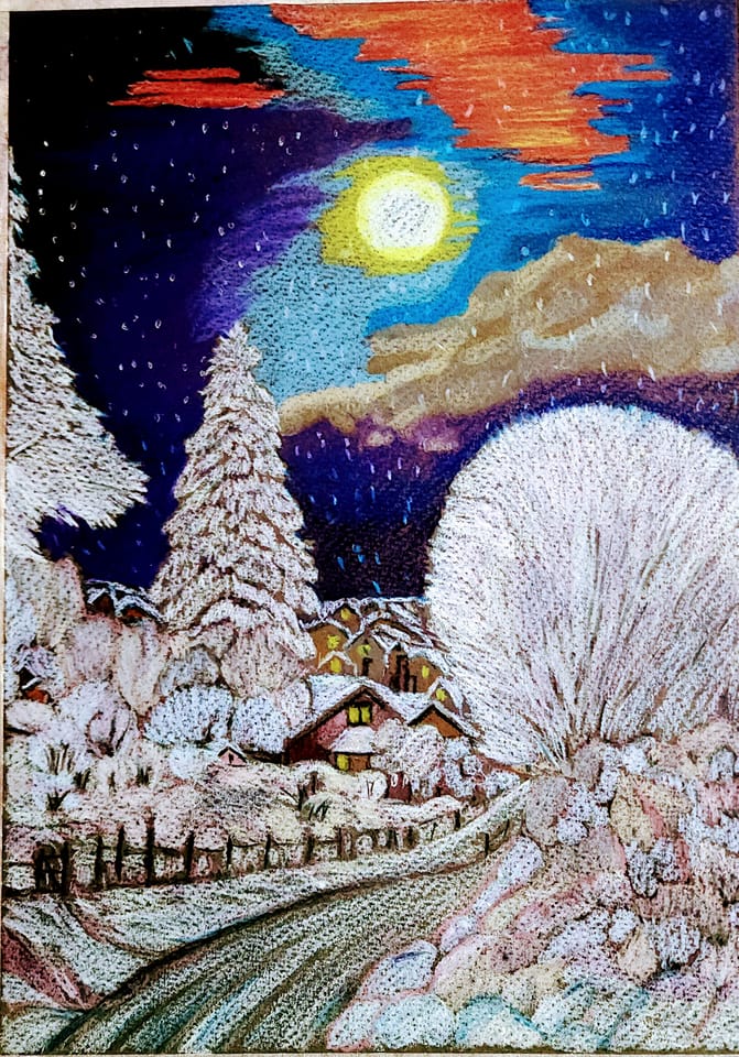 Winter night with pastells and pencils on pastel pad