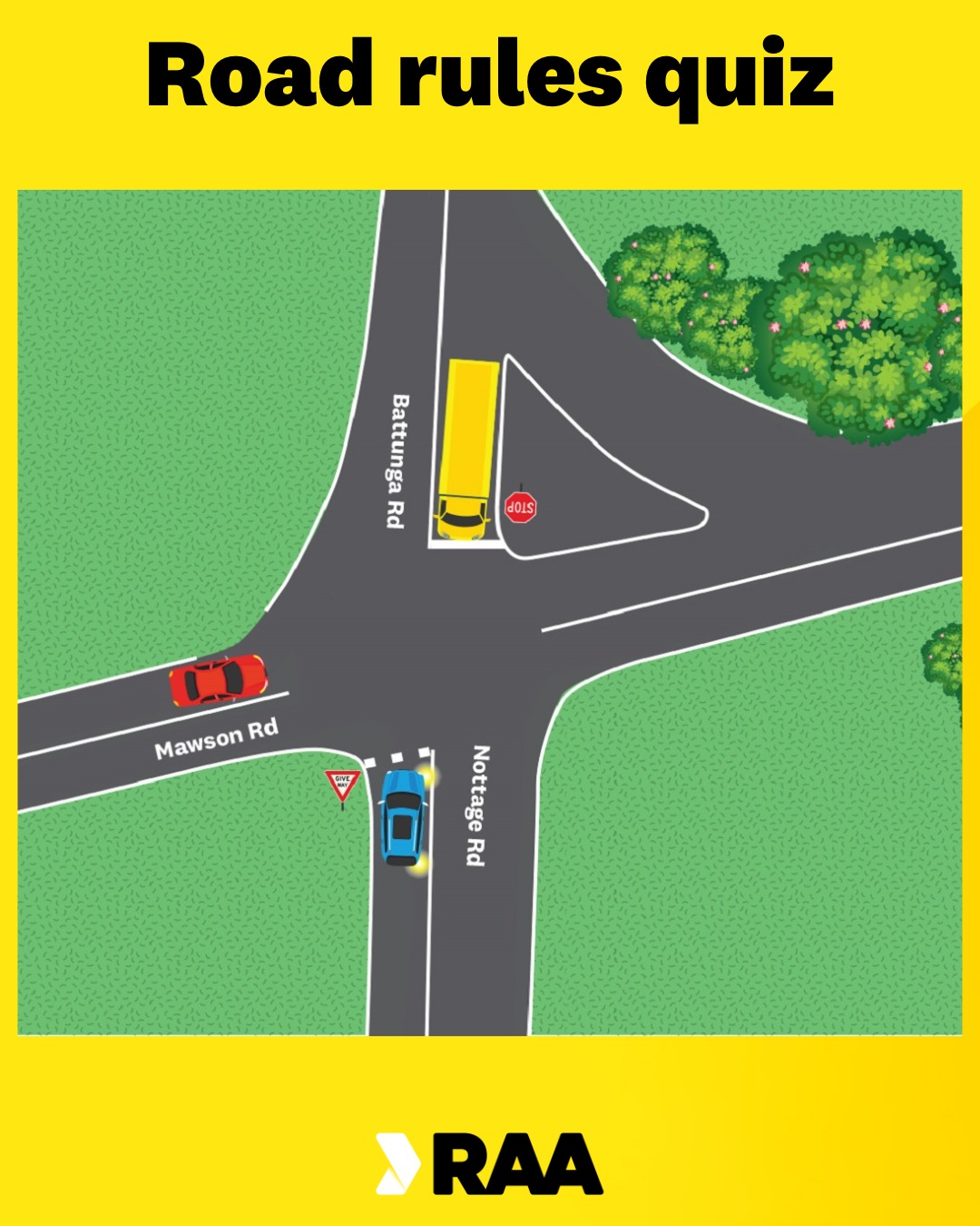 RAA - ROAD RULES QUIZ 👇👇 Q: The red car is travelling along Mawson Road ...