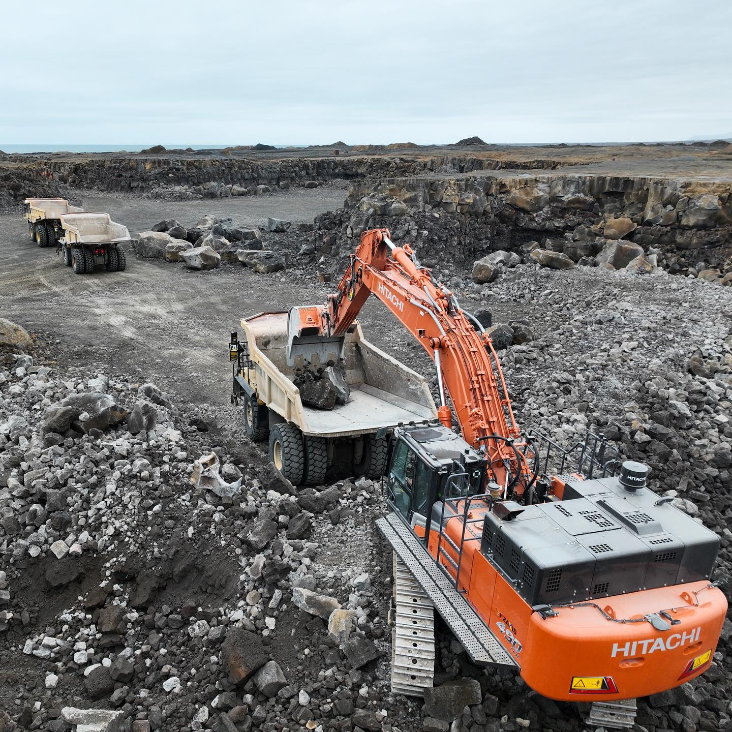 Hitachi ZX490 loading rock at a quarry in Iceland.
