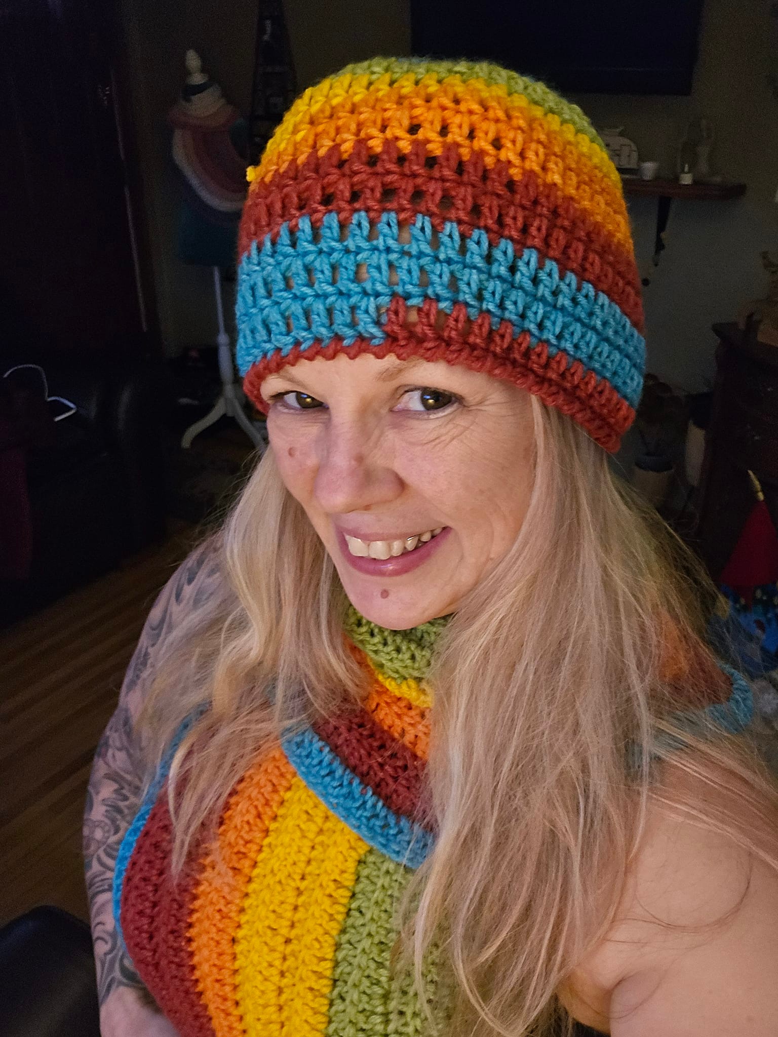 Matching beanie and crossbody cowl scarf creations