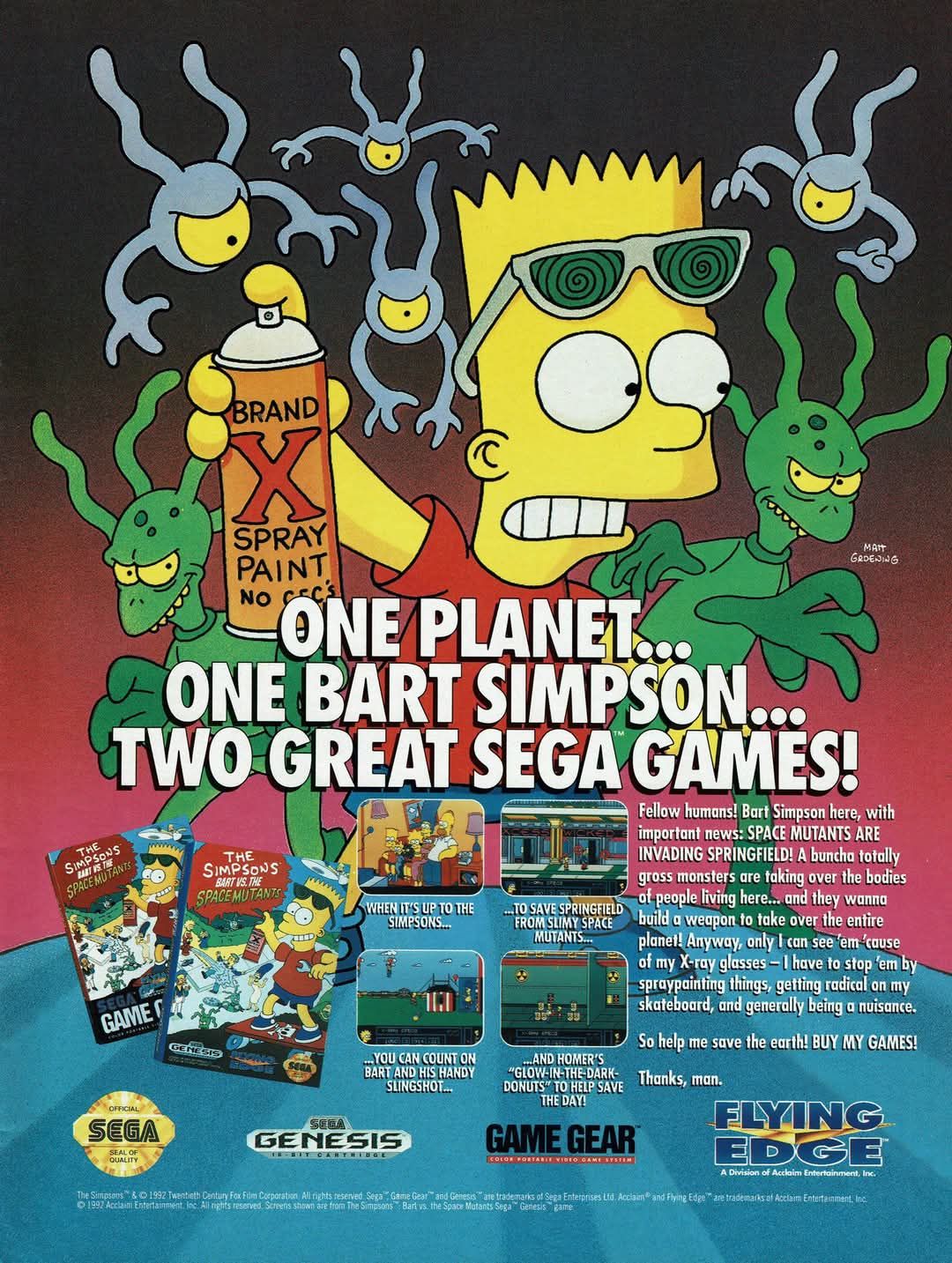 1992 Sega ad for The Simpsons: Bart vs the Space Mutants