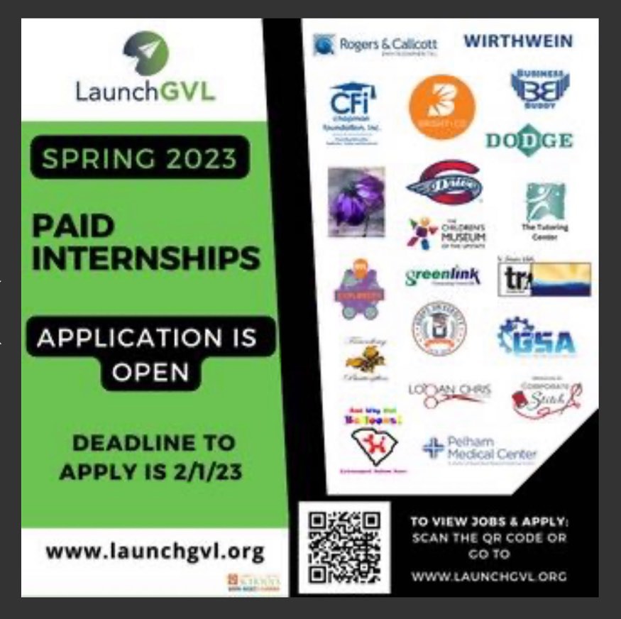 The Spring 2023 LaunchGVL internship application is open now! Scan the ...
