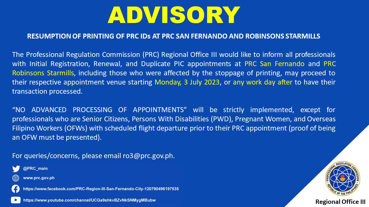 PRC - RESUMPTION OF PRINTING OF PRC IDs AT PRC SAN FERNANDO AND ...