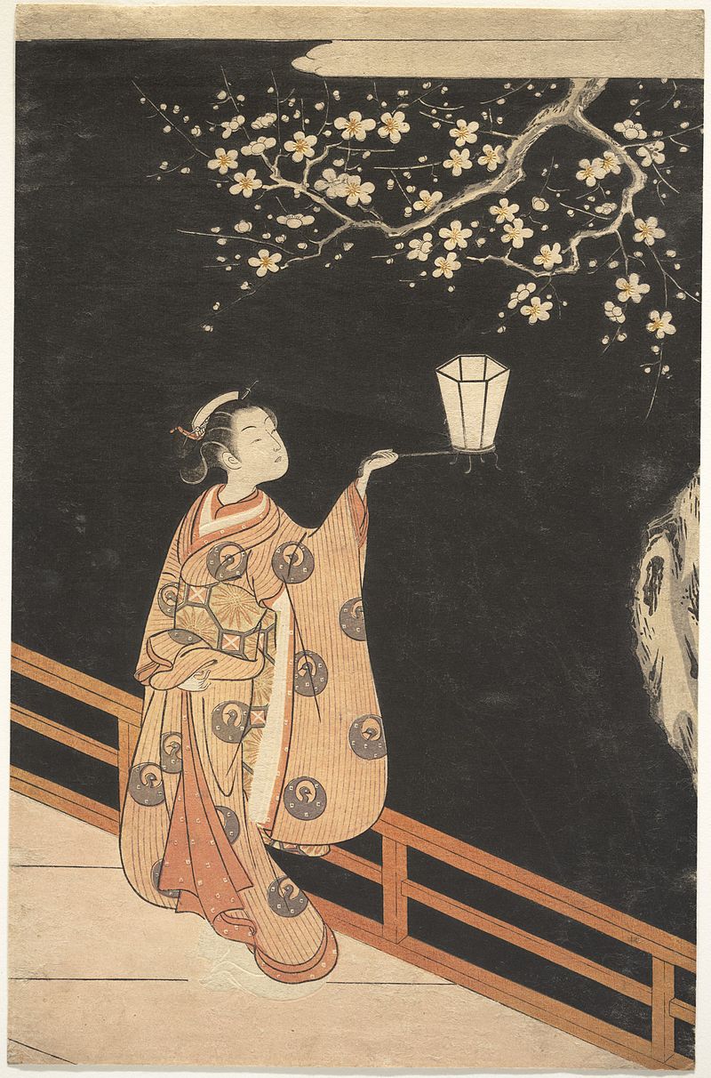 Beauty walking in a mountain stream', an 18th century woodblock